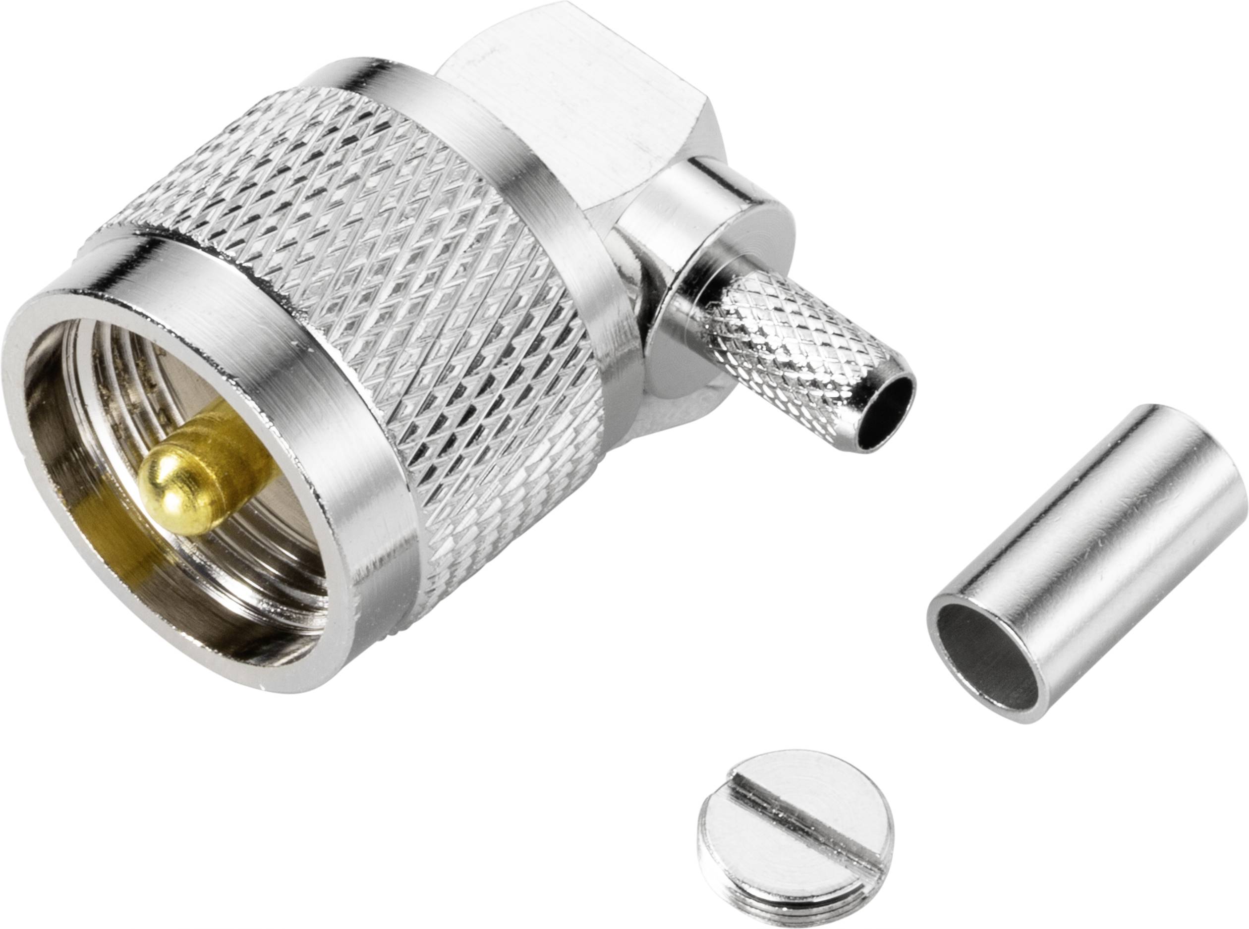 Ein koaxialer TNC-Stecker mit Metallgehäuse zeigt Innengewinde, Mittelstift und abnehmbares Teil, geeignet für Kabelverbindungen.