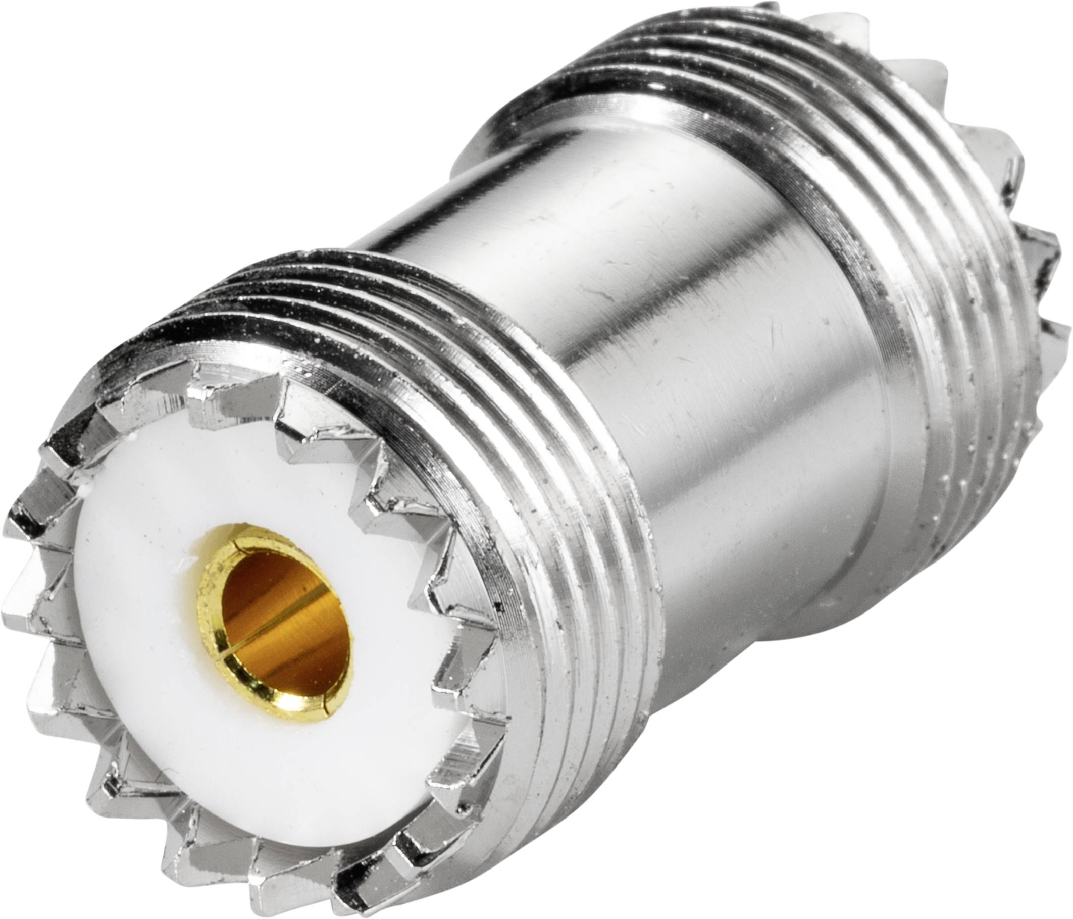 Silberner, zylindrischer Metallverbinder mit gezackten Rändern und einem goldfarbenen Innengewinde.