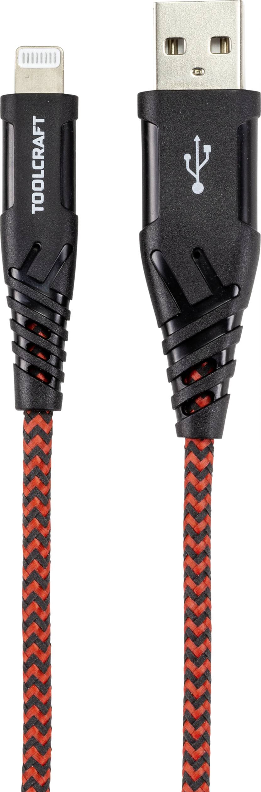 Ladekabel mit USB-Anschluss und Lightning-Stecker. Schwarzes Design mit rotem Muster. Geeignet zum Verbinden von Geräten mit Stromversorgung.