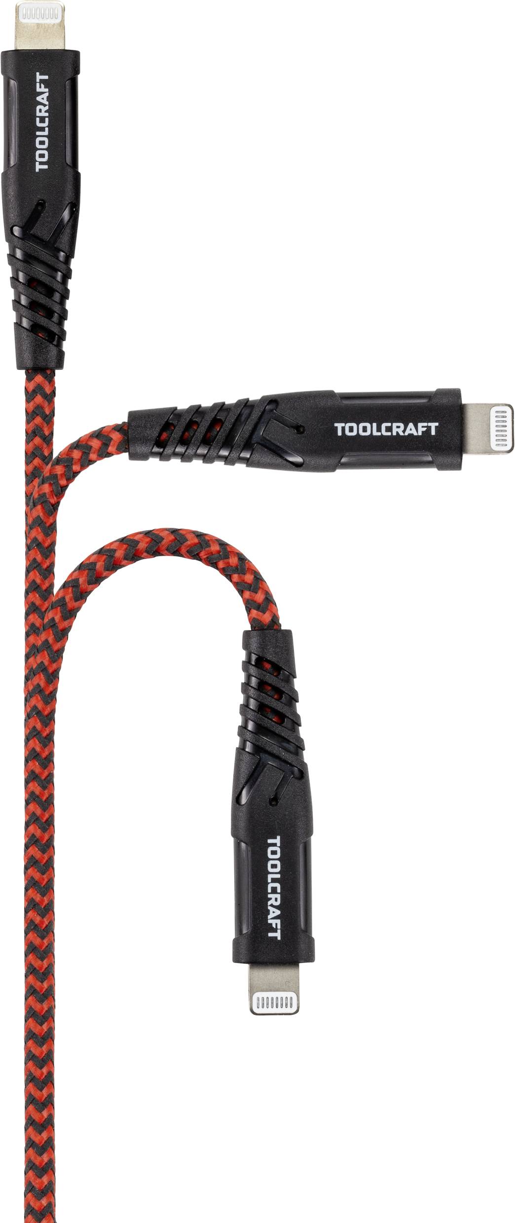 Ladekabel mit zwei Anschlüssen, schwarz-rot geflochten. Marke: Toolcraft. Geeignet für Geräte mit Lightning-Anschluss.