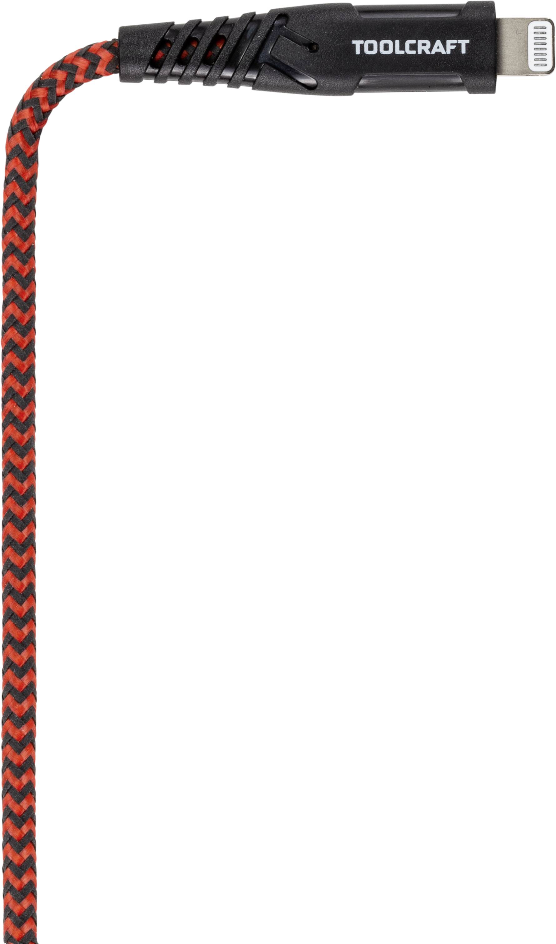 Geflochtenes Ladekabel in Schwarz und Rot mit silbernem Anschluss, Marke 'TOOLCRAFT' auf dem Stecker.
