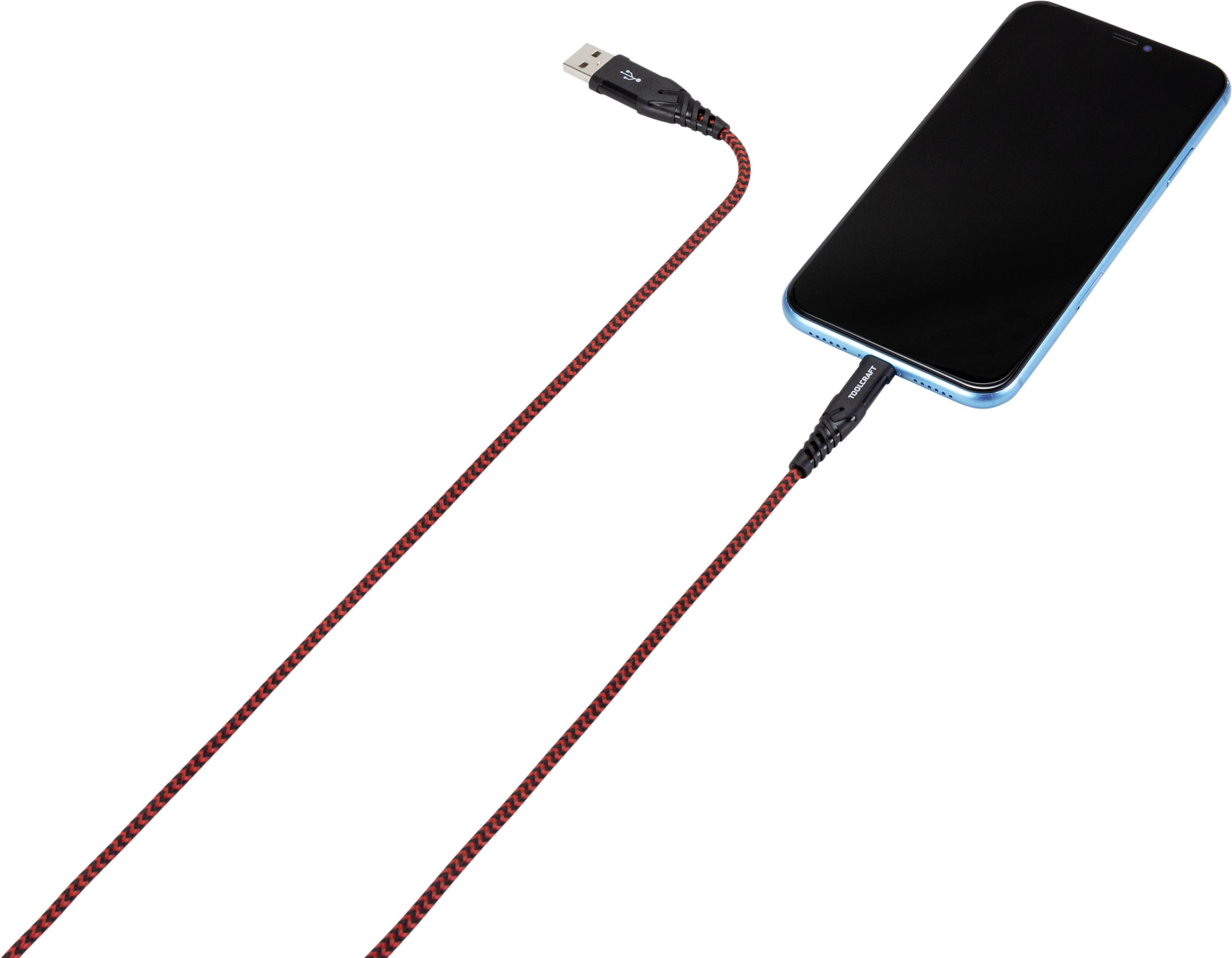 Ein Smartphone, das über ein rotes geflochtenes USB-Kabel aufgeladen wird. Das Kabel ist an das Telefon angeschlossen.