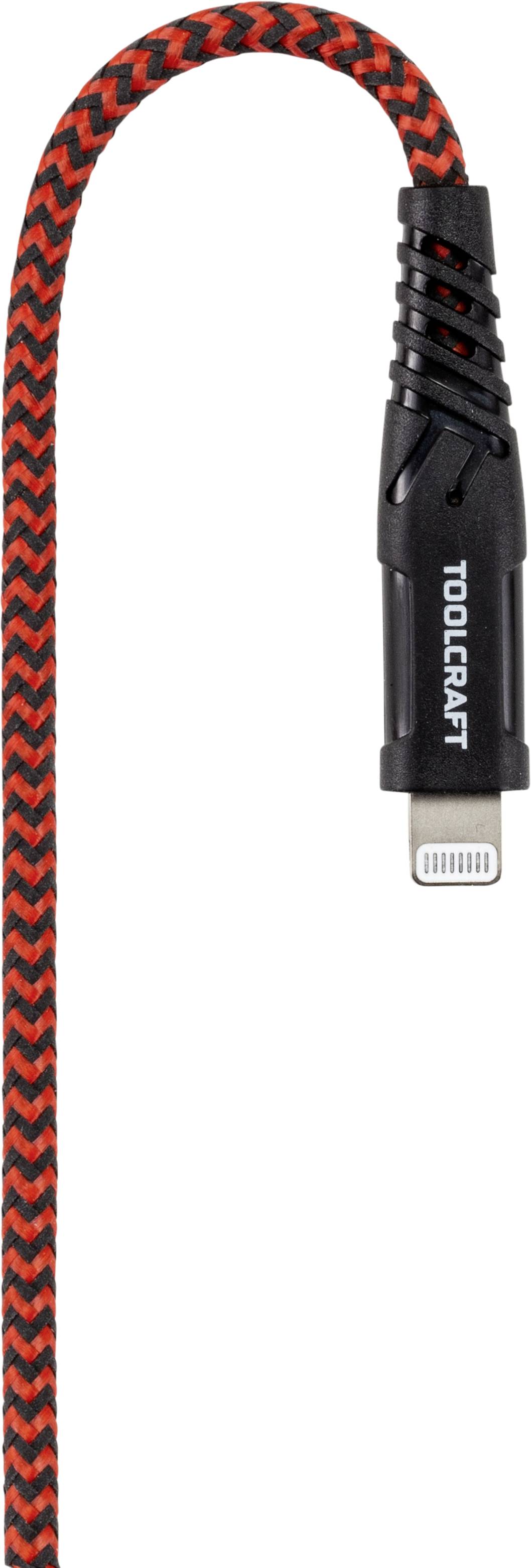 Ein rot-schwarz gemustertes USB-Kabel mit einem schwarzen Anschluss und der Aufschrift 'TOOLCRAFT' am Stecker.