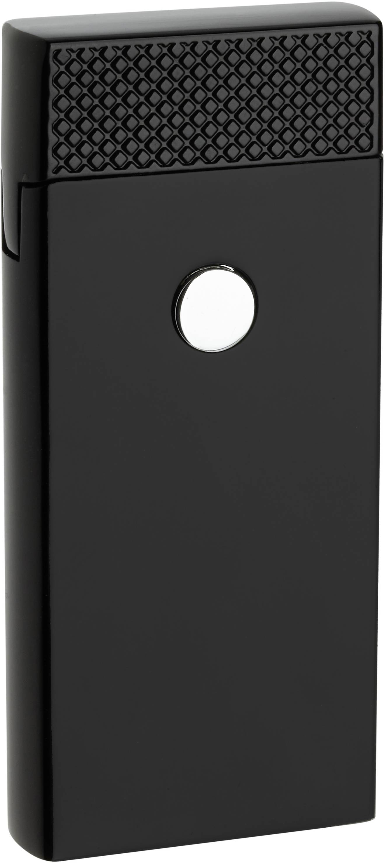 Elegantes, rechteckiges Feuerzeug in Schwarz mit einer strukturierten Oberfläche oben und einem silberfarbenen Knopf in der Mitte.