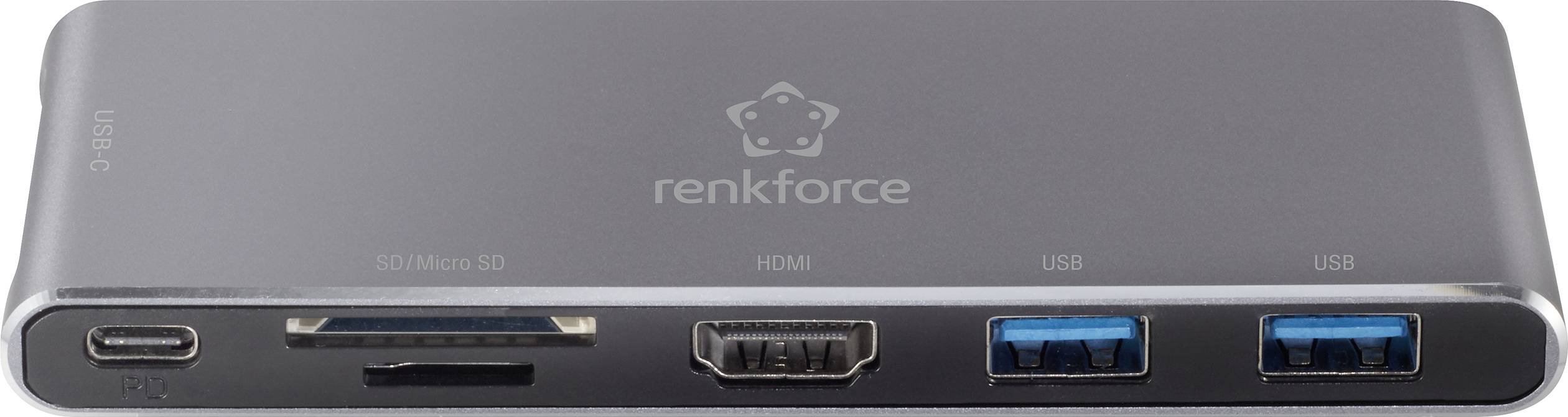 Renkforce USB-Hub in rechteckiger Form mit USB-C, SD/MicroSD, HDMI und zwei USB 3.0 Anschlüssen in schwarzem Gehäuse.