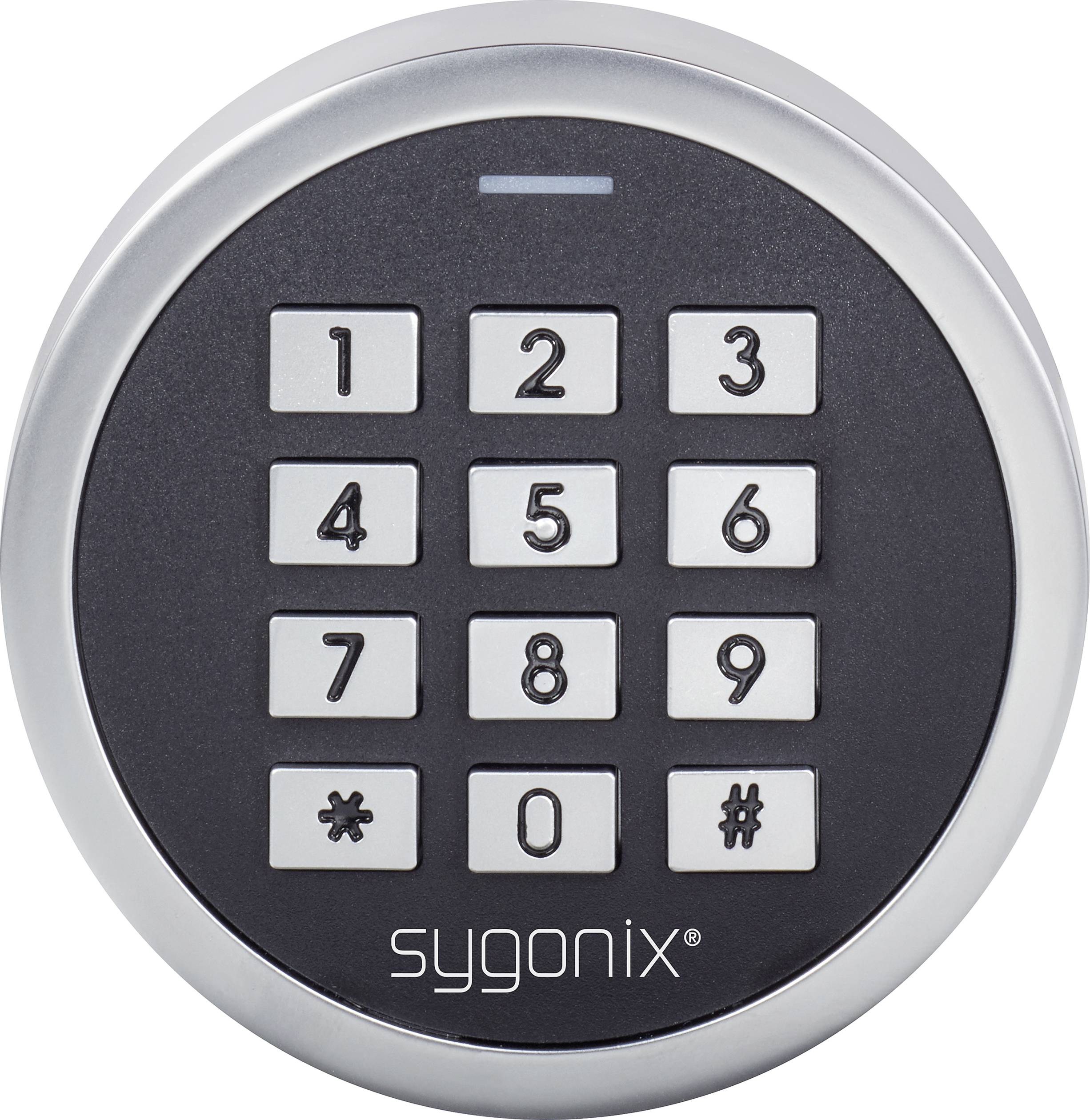 Schwarzes Tastenfeld mit zwölf Tasten, numerisch 1-9, 0, Stern und Raute. Silberner Rand. Text 'sygonix' am unteren Rand.