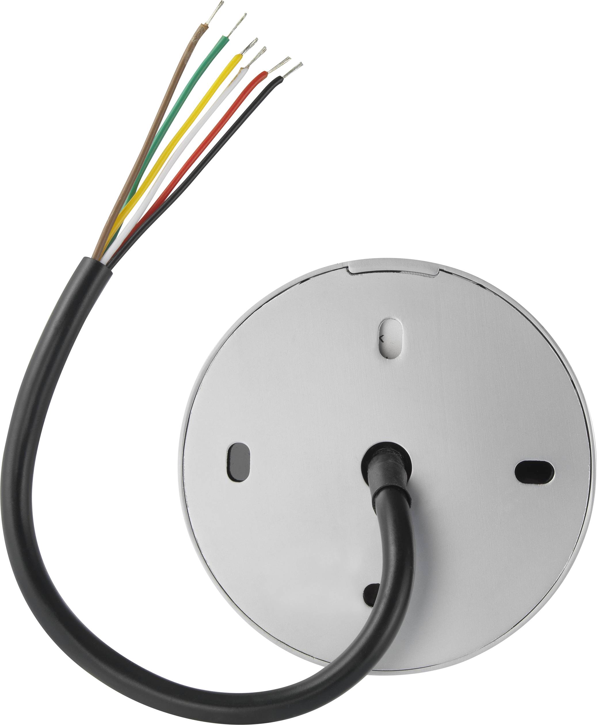 Kreisförmige Metallabdeckung mit mehreren farbigen Drähten, die herausragen. Hauptsächlich für Elektroinstallationen verwendet.