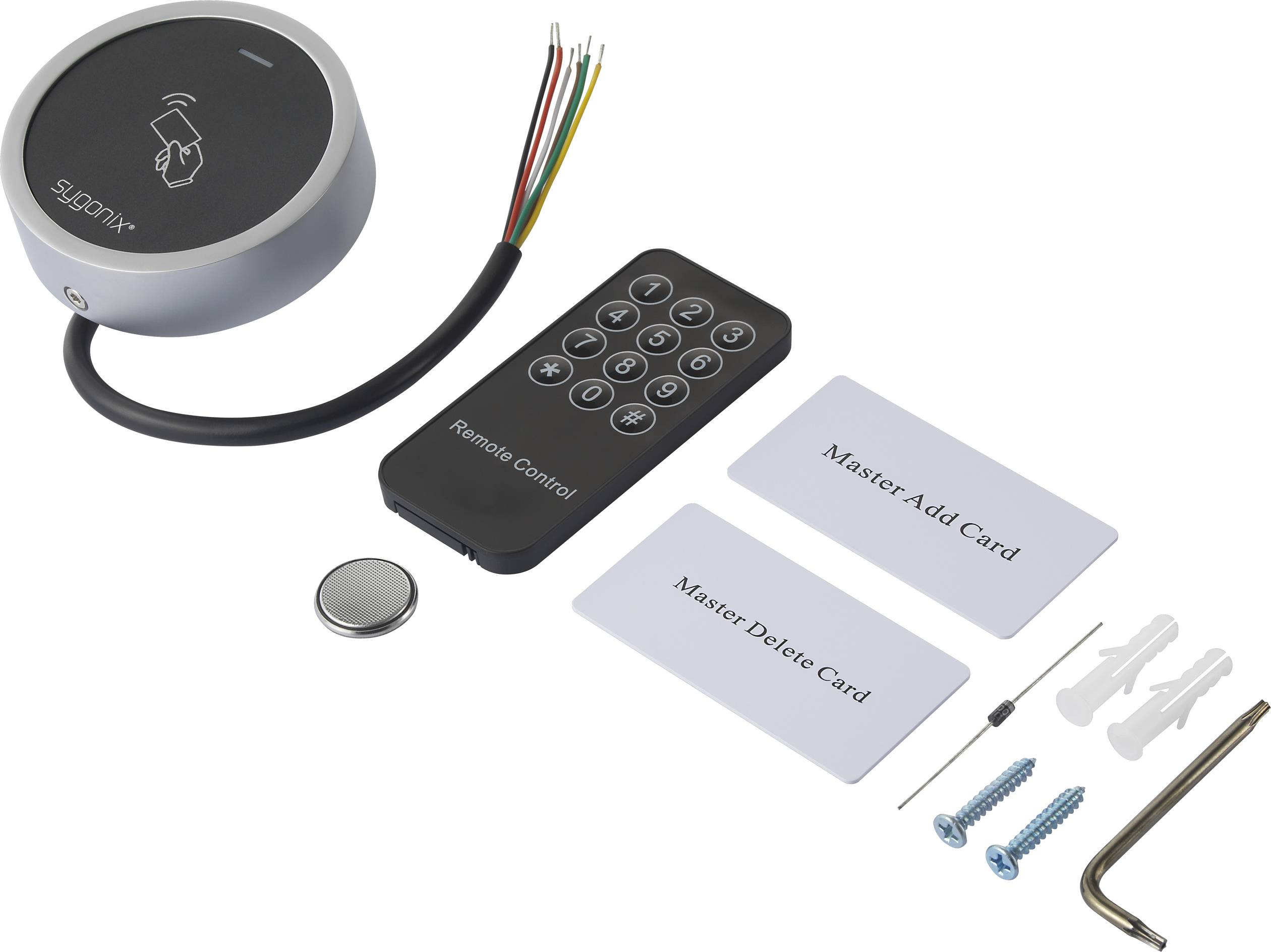 Ein RFID-Zugangskontrollsystem mit Steuergerät, Fernbedienung, zwei Masterkarten, Batterie, Schrauben und Dübel, bereit zur Installation.