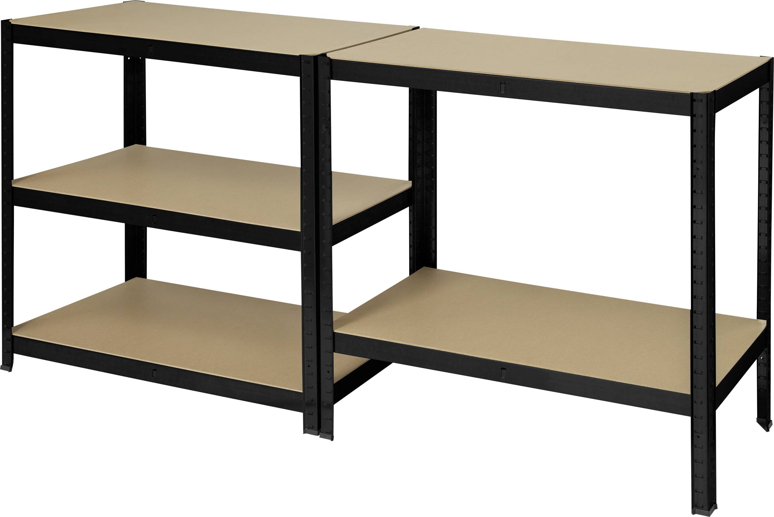 Ein robustes Regal mit schwarzem Metallrahmen und drei MDF-Böden. Ideale Lösung für die Lagerung in Garagen oder Werkstätten.