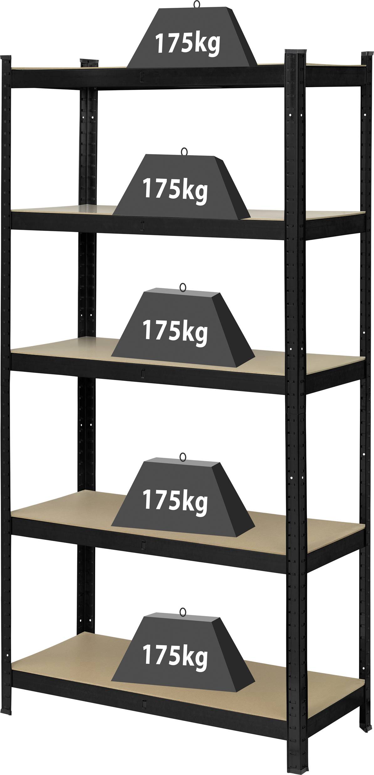 Ein schwarz-braunes Regal mit fünf Ebenen, auf jeder Ebene ein Gewicht von '175 kg'.