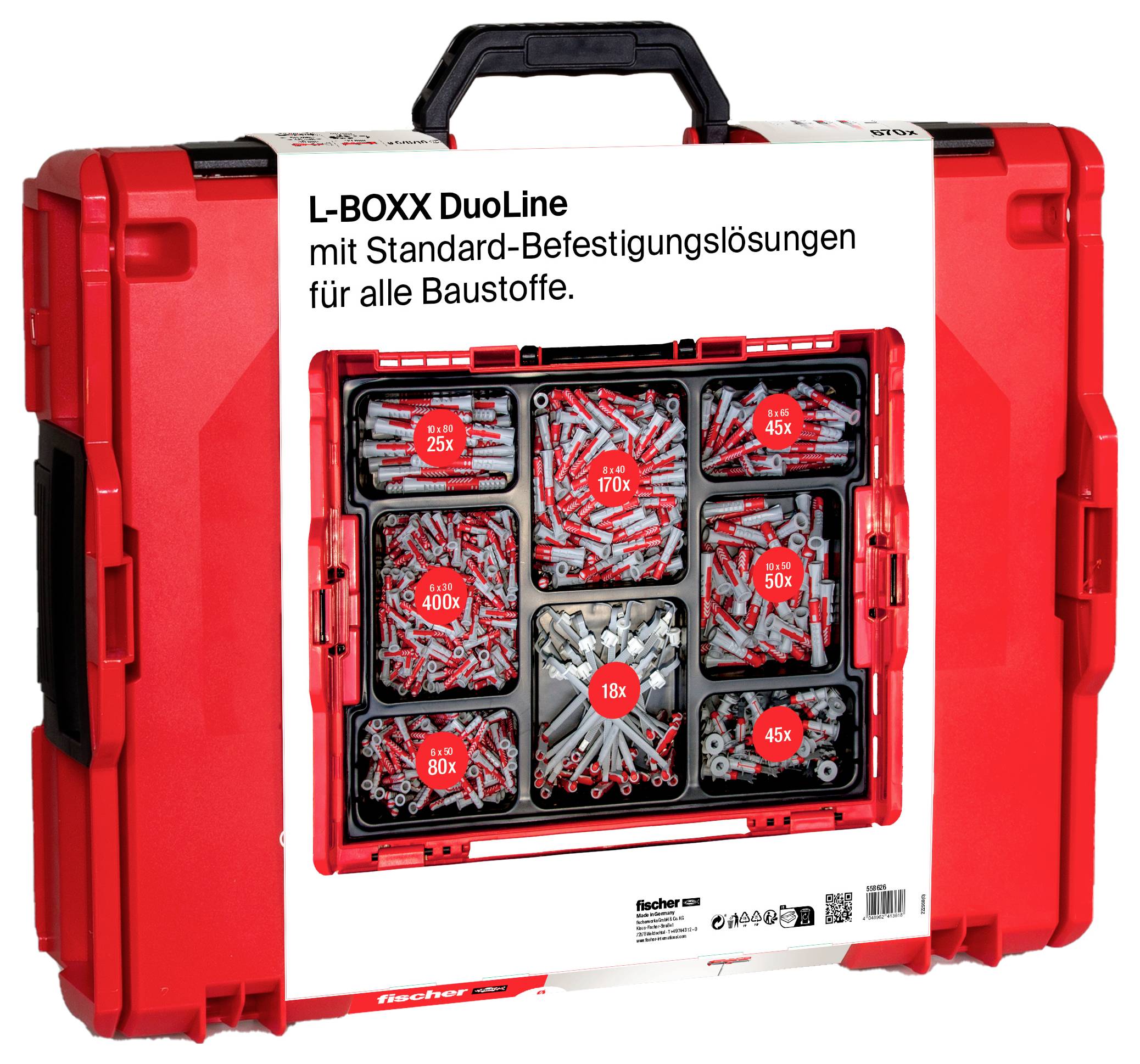 'Fischer L-BOXX DuoLine': Roter Werkzeugkoffer. Enthält mehrere Dübeltypen. Geeignet für Organisation und Aufbewahrung von Befestigungselementen.