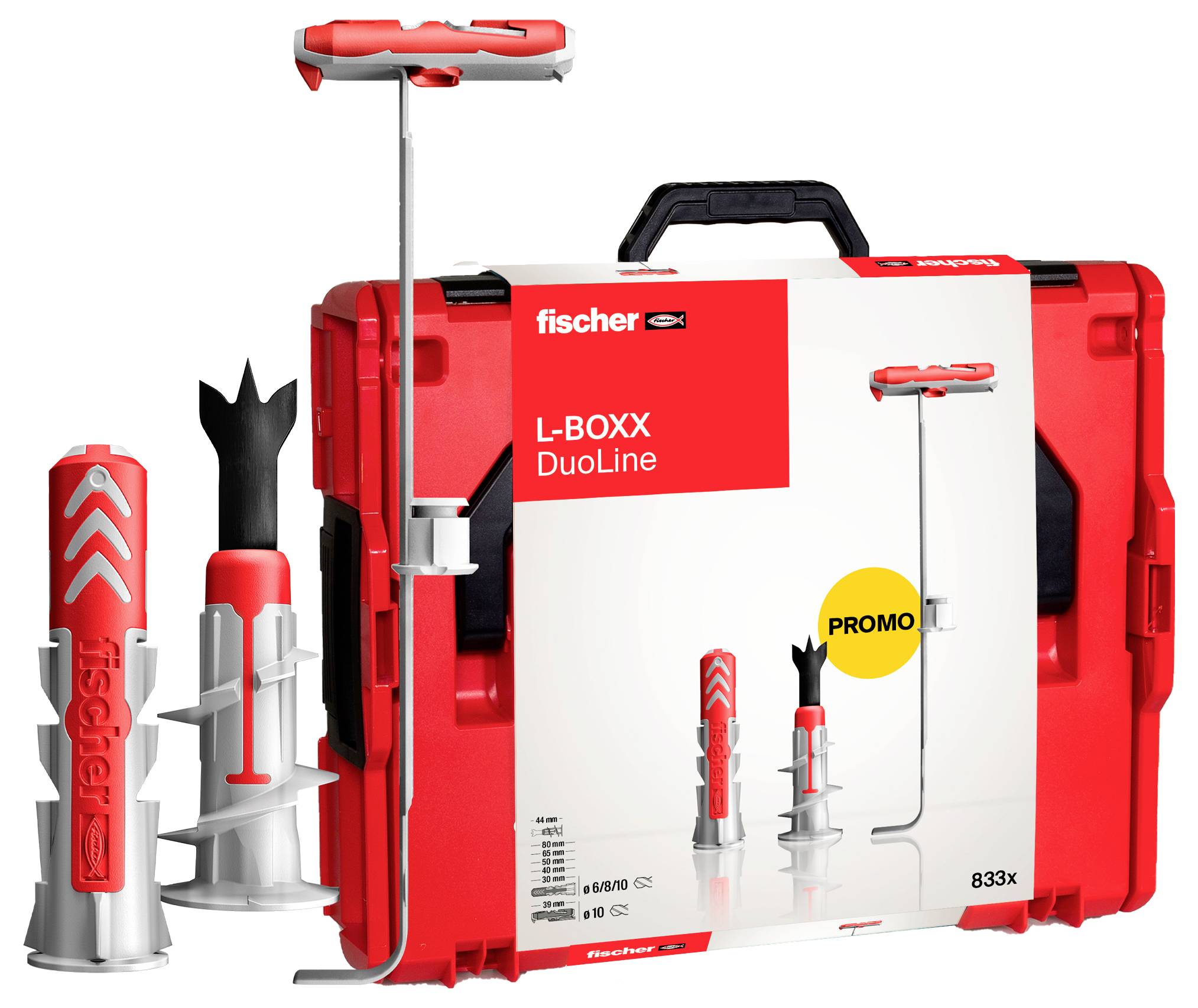 'Fischer L-BOXX DuoLine' Werkzeugkoffer in einem rot-weißen Gehäuse mit Bohrerzubehör. Ein 'PROMO' Aufkleber ist auf dem Koffer zu sehen.