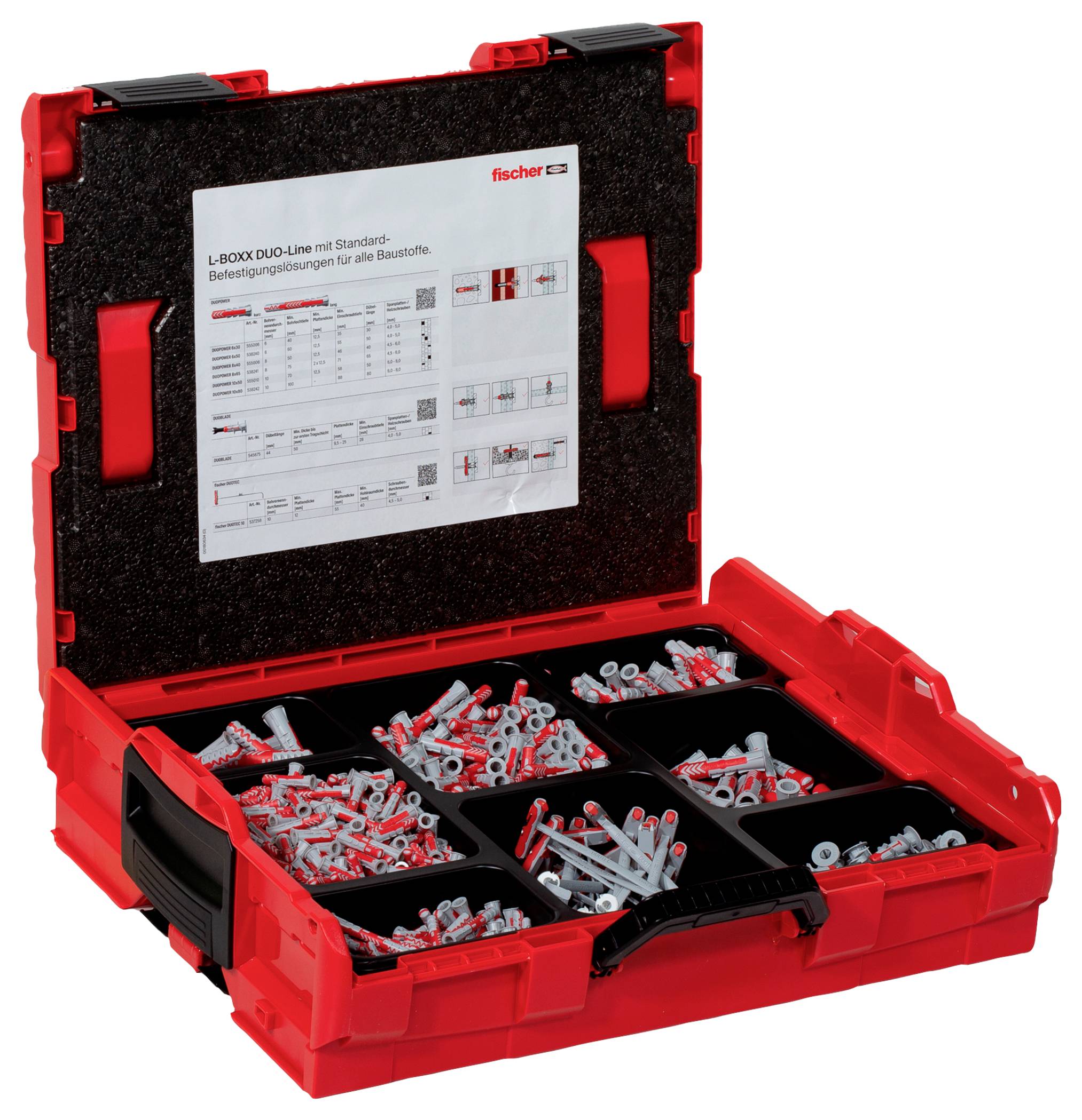 Die offene rote Aufbewahrungsbox enthält verschiedene Schrauben und Dübel, die in Fächern sortiert sind, mit einem Anleitungsblatt auf dem Deckel.