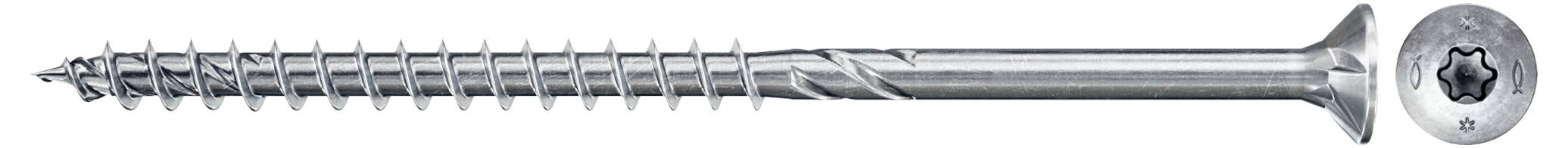 Ein langer, silberner Schraube, teilweise mit Gewinde, Torx-Schraubenkopf, geeignet für Holzverbindungen.