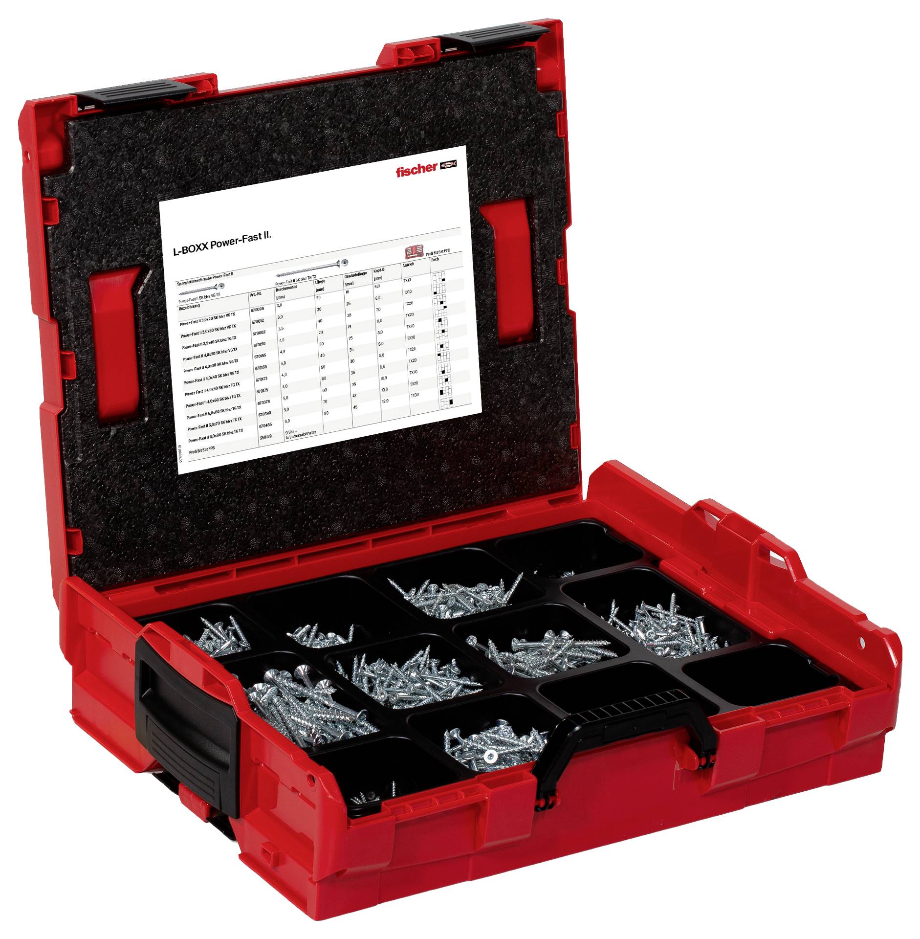 Eine rote Werkzeugkiste mit neun Fächern, gefüllt mit verschiedenen Schrauben und Befestigungselementen. Ein Anleitungsblatt mit technischen Spezifikationen ist an der Innenseite des Deckels befestigt.