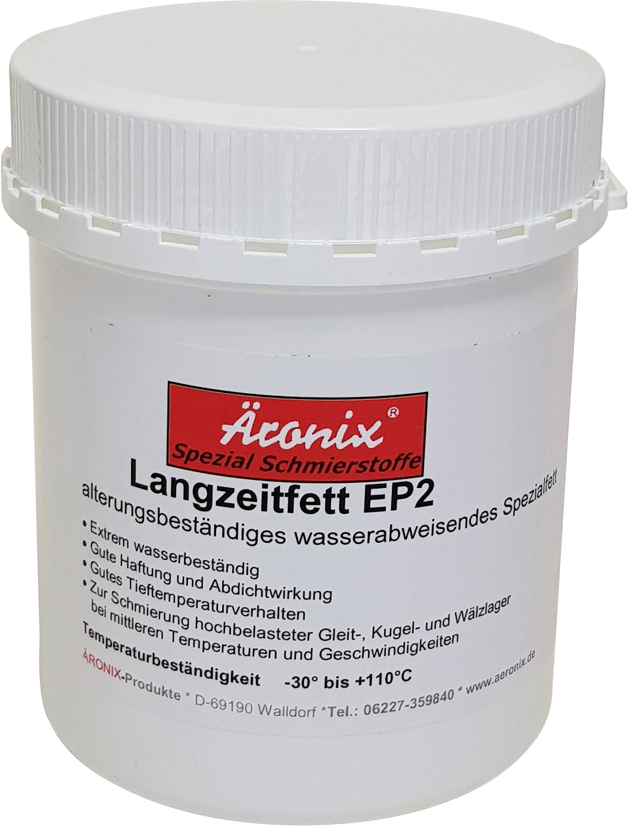 'Äcronix Langzeitfett EP2' auf einem weißen Behälter. Beschreibung betont extreme Beständigkeit gegen Wasser und hohe Temperaturen (-30°C bis +110°C).