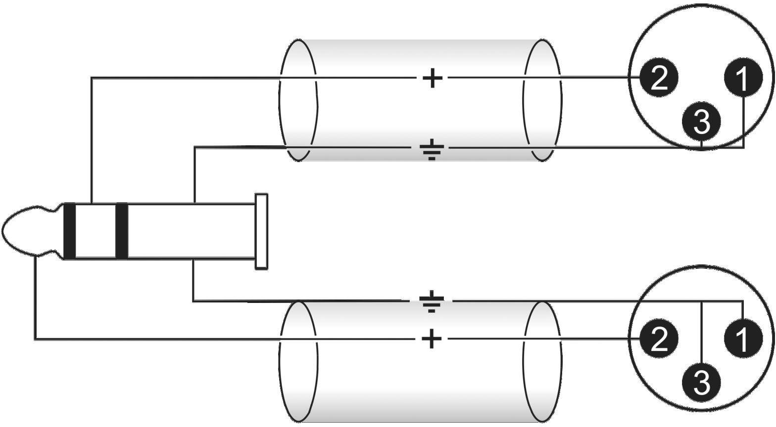 Diagramm zeigt Elektronikschaltkreis mit zwei Zylindern und zwei verbundenen Steckern: '1', '2', '3'. Zeigt, wie Komponenten verdrahtet sind.