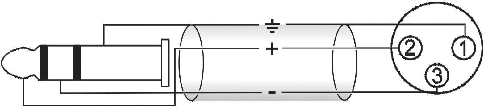 Diagramm eines Klinkensteckers: Zeigt die Polarität und die Nummerierung der Abschnitte: Spitze (1), Ring (2), und Schaft (3).