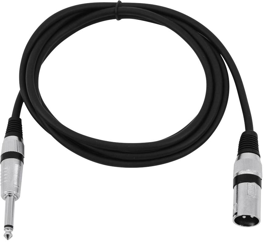 Ein schwarzes Audiokabel mit einem 6,3 mm Klinkenstecker und einem XLR-Stecker an den Enden, auf hellem Hintergrund.
