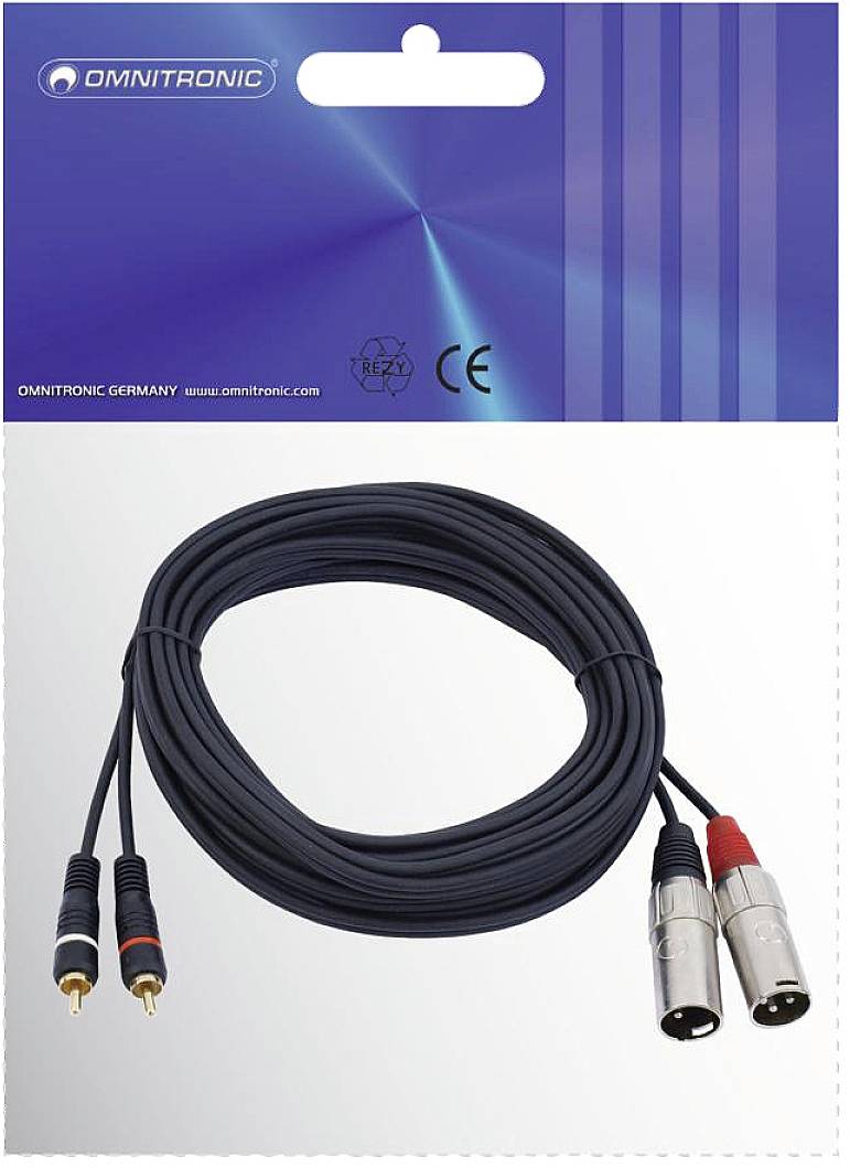 Omnitronic 3022522E XLR Adapterkabel [2x XLR-Stecker 3 polig - 2x Cinch-Stecker] 6.00 m Schwarz