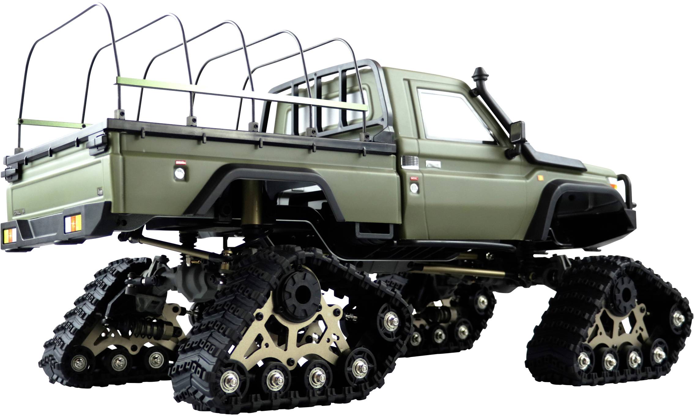 Ein grüner Geländewagen mit Raupenantrieb statt Rädern, geeignet für schwieriges Gelände. Das Fahrzeug hat einen offenen Ladebereich.