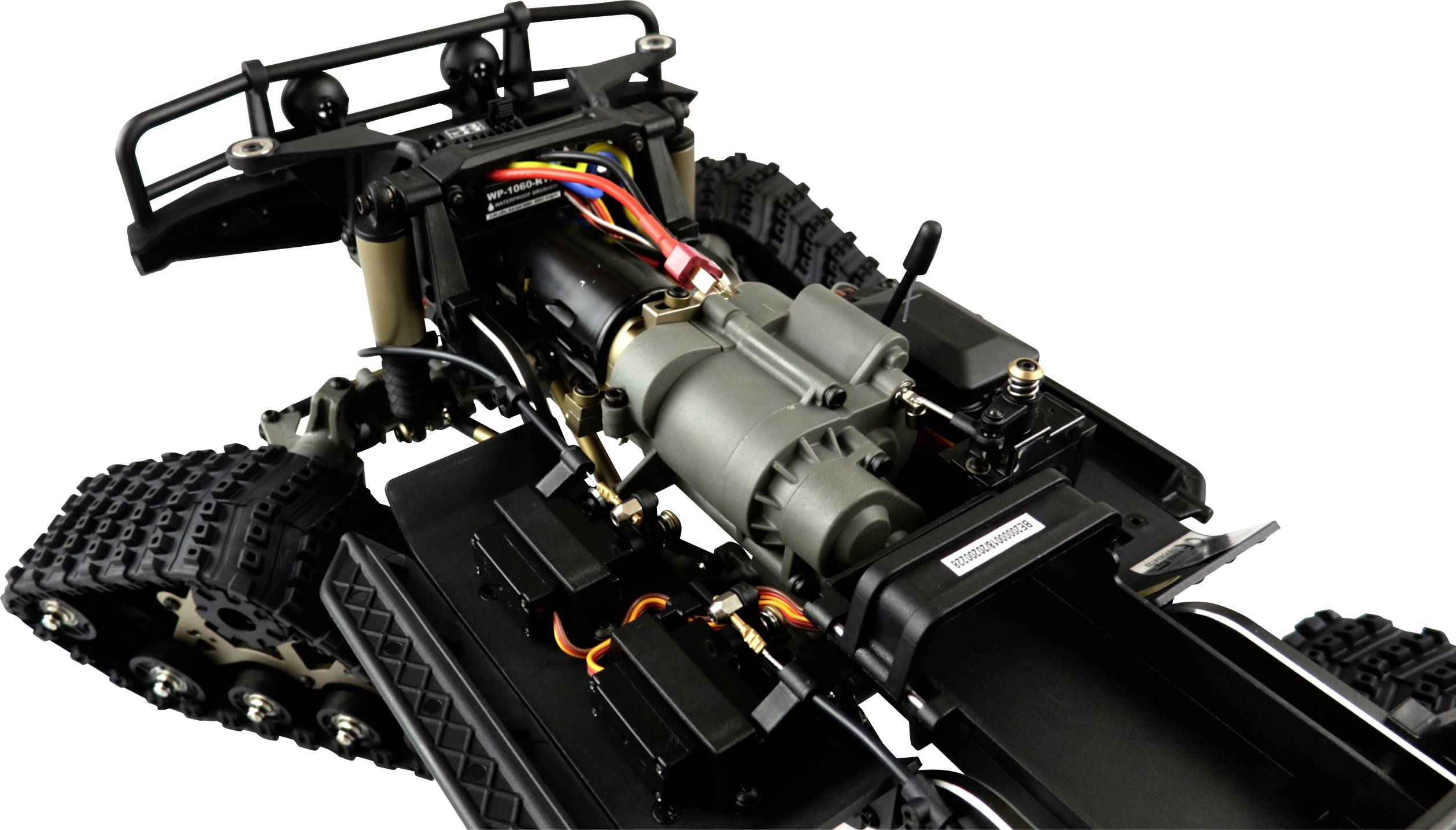 Ein ferngesteuertes Kettenfahrzeug-Chassis mit sichtbarem Motor und Elektronikkomponenten.
