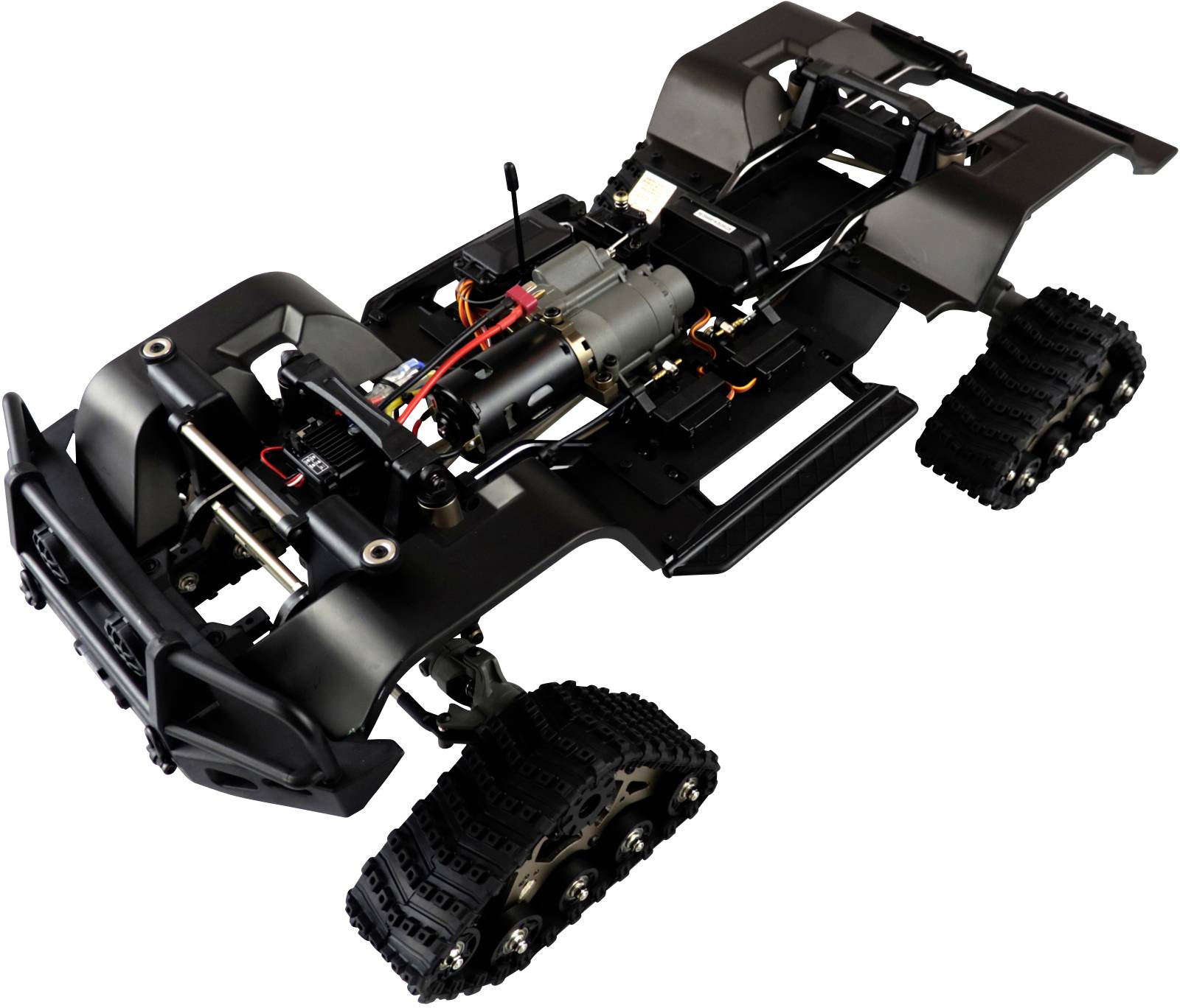 Das Bild zeigt ein ferngesteuertes, kettenbetriebenes Fahrzeugchassis. Es hat schwarze Schutzplatten und eine sichtbare Elektronikeinheit.