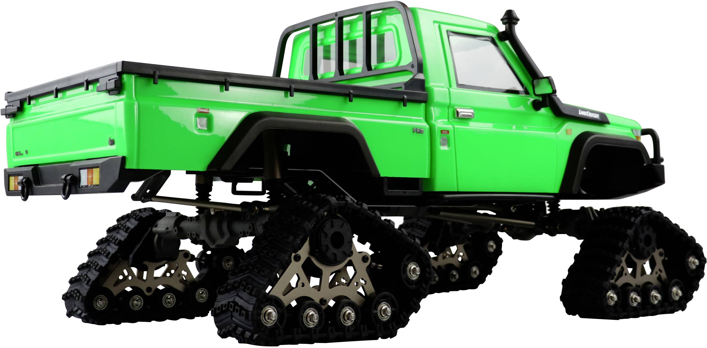 Leuchtend grüner Pickup-Truck mit Kettenrädern statt Reifen, seitliche Ansicht. Fahrzeug für unwegsames Gelände geeignet.