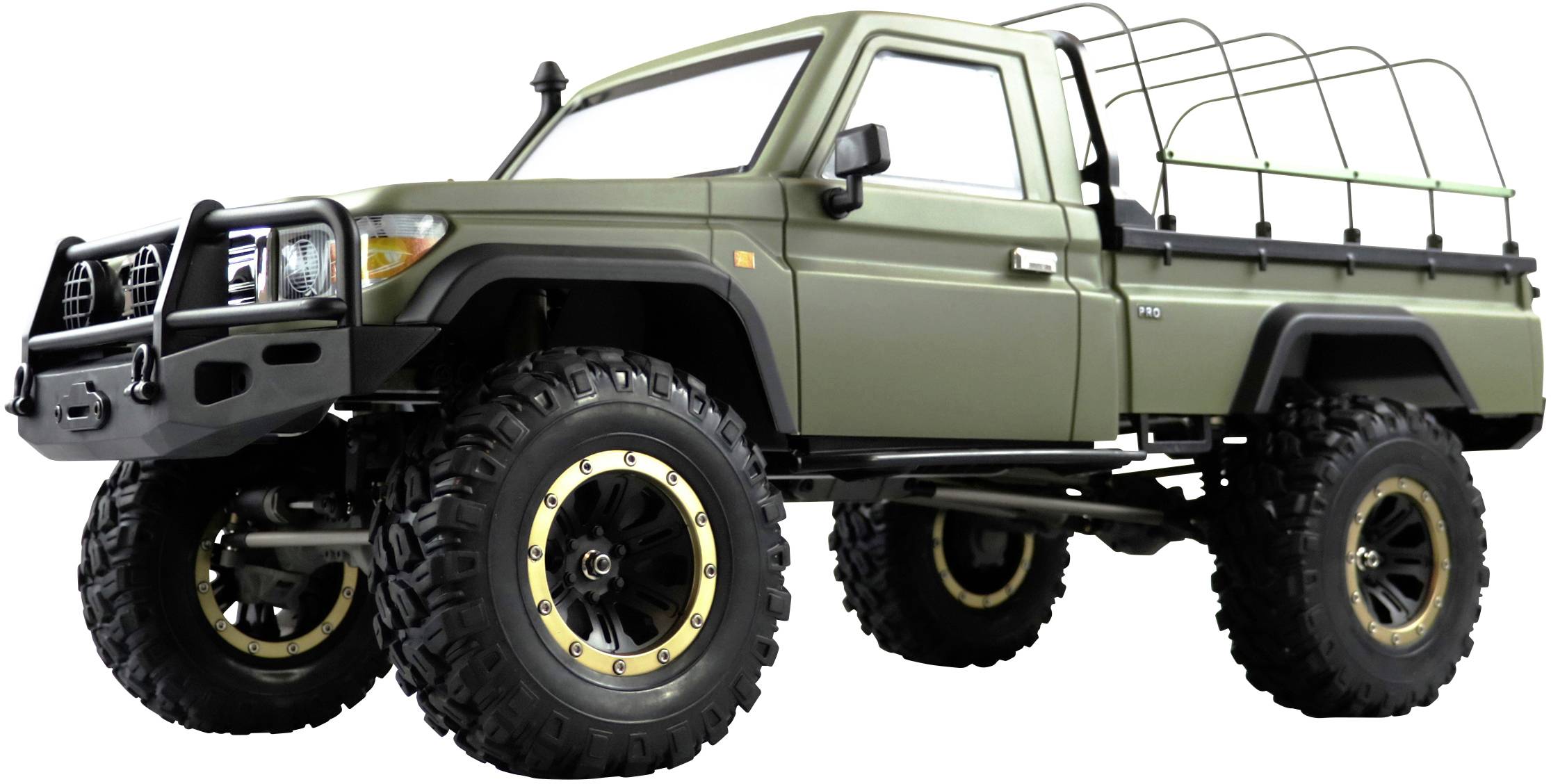 Ein olivgrüner, robuster Offroad-Pickup mit großen Geländereifen und Schutzbügeln, geeignet für schwieriges Gelände und Abenteuer.