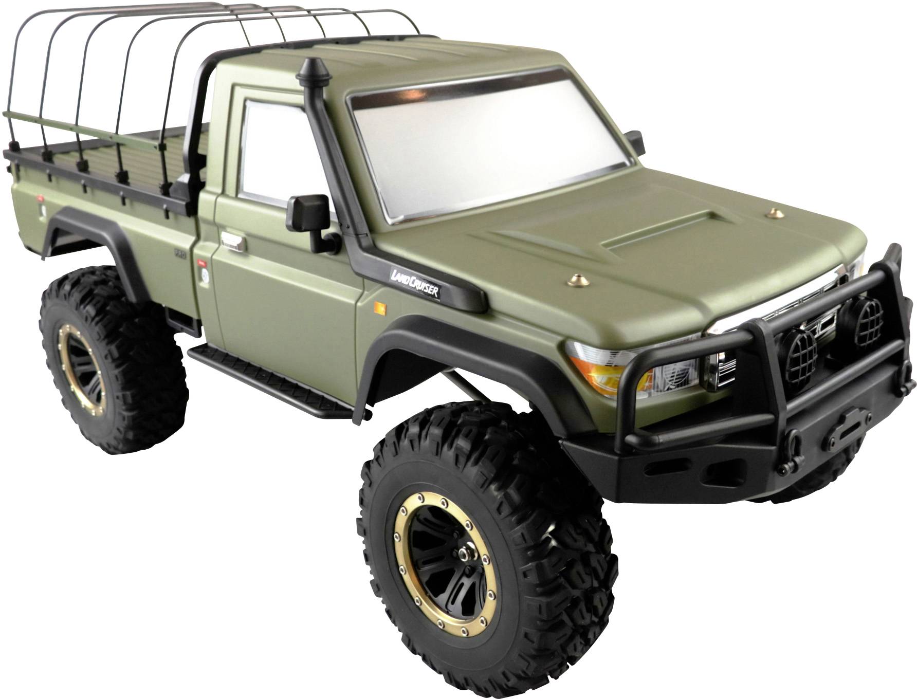 Ein grüner, ferngesteuerter Modell-Pickup mit großen Reifen und einem Schutzgitter auf der Ladefläche, seitliche Ansicht.
