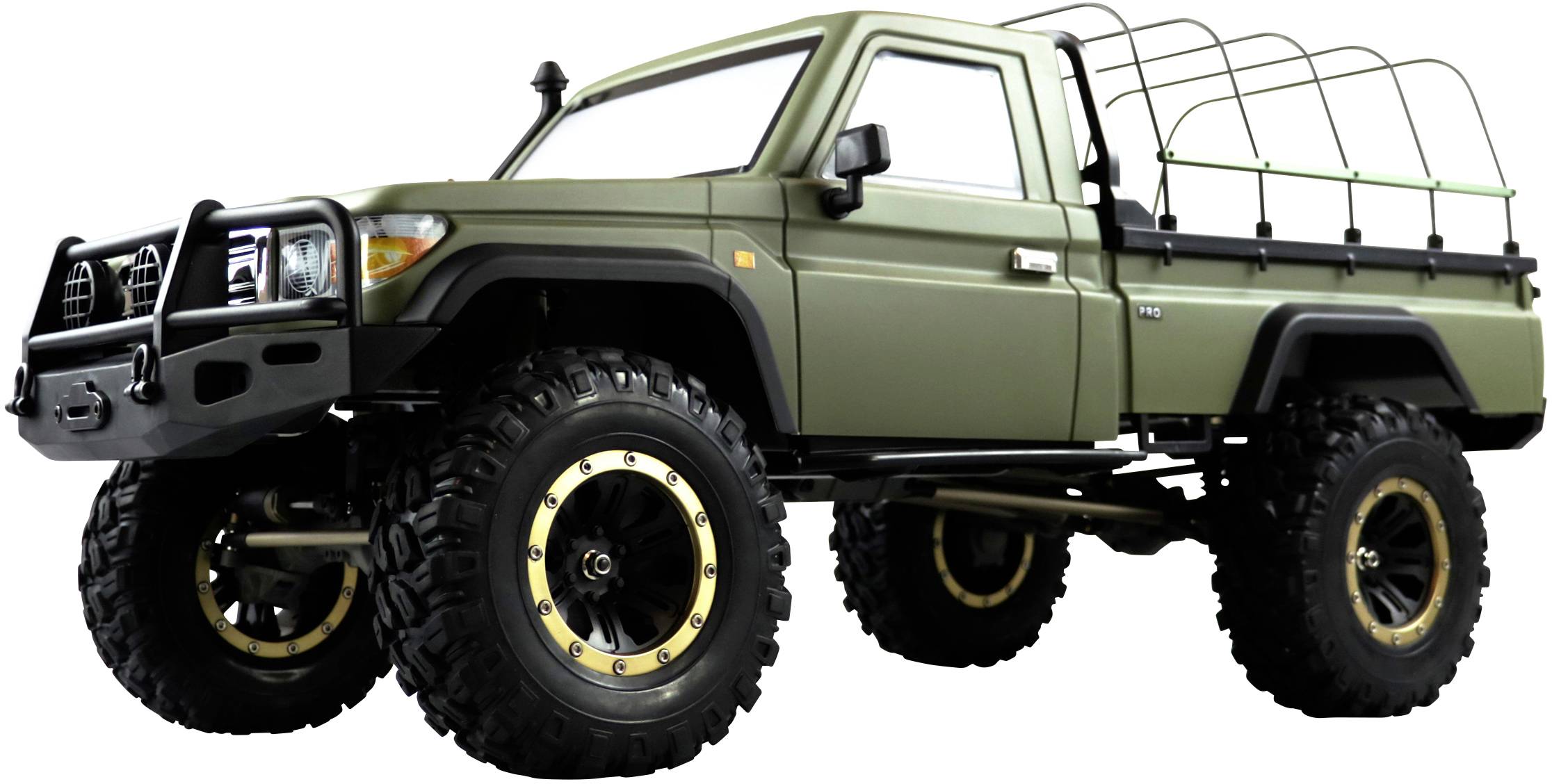 Grünes Modell eines Geländewagens mit großen Offroad-Reifen und Überrollbügel im hinteren Bereich, seitlich fotografiert.