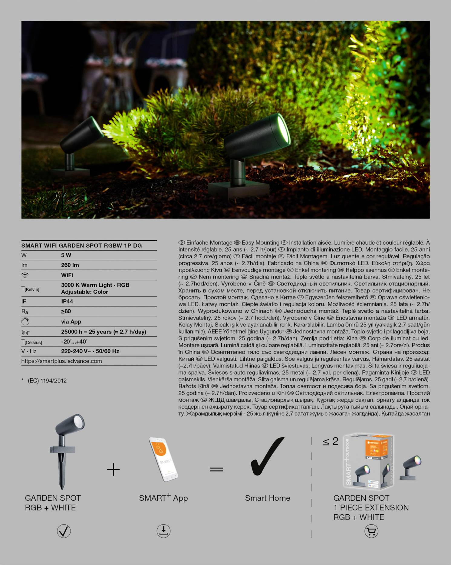 LEDVANCE 4058075478374 SMART+ GARDEN SPOT WALL&SPIKE 7W RGBW WIFI LED-Gartenleuchte LED LED fest eingebaut 5W
