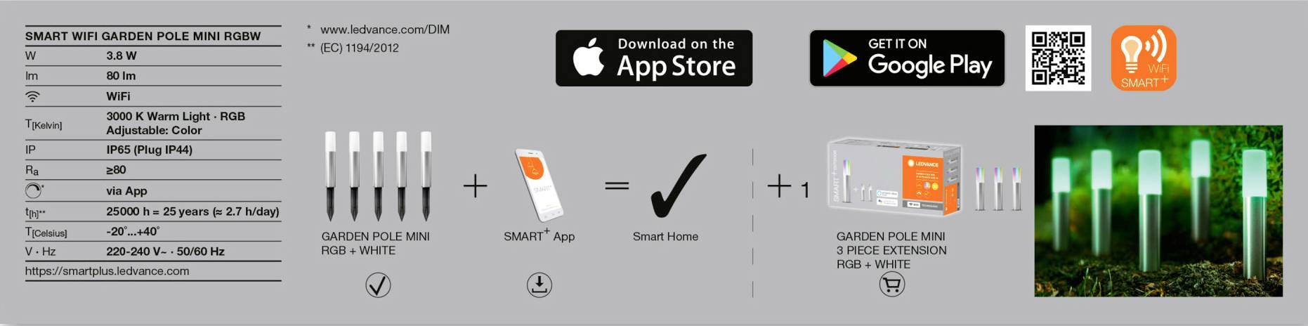 LEDVANCE 4058075478190 SMART+ GARDENPOLE MINI MULTICOLOR RGBW WIFI LED-Gartenleuchte LED LED fest eingebaut 3.8W Silber