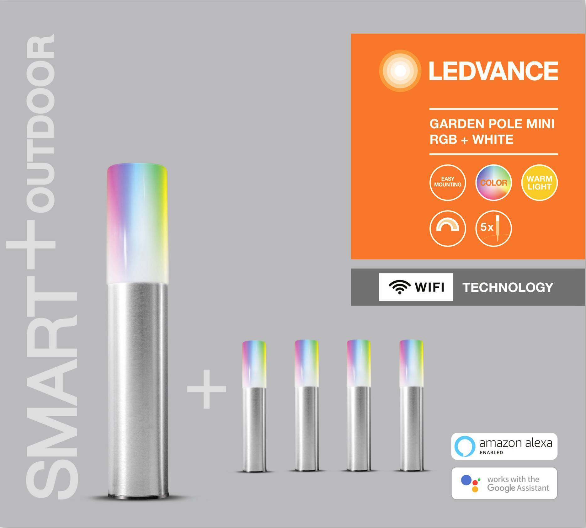 LEDVANCE 4058075478190 SMART+ GARDENPOLE MINI MULTICOLOR RGBW WIFI LED-Gartenleuchte LED LED fest eingebaut 3.8W Silber