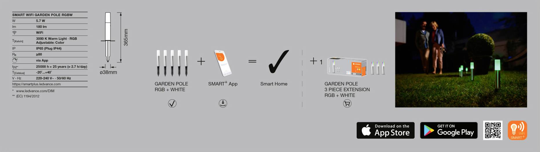 LEDVANCE 4058075478213 SMART+ GARDENPOLE MULTICOLOR RGBW WIFI LED-Gartenleuchte LED LED fest eingeb