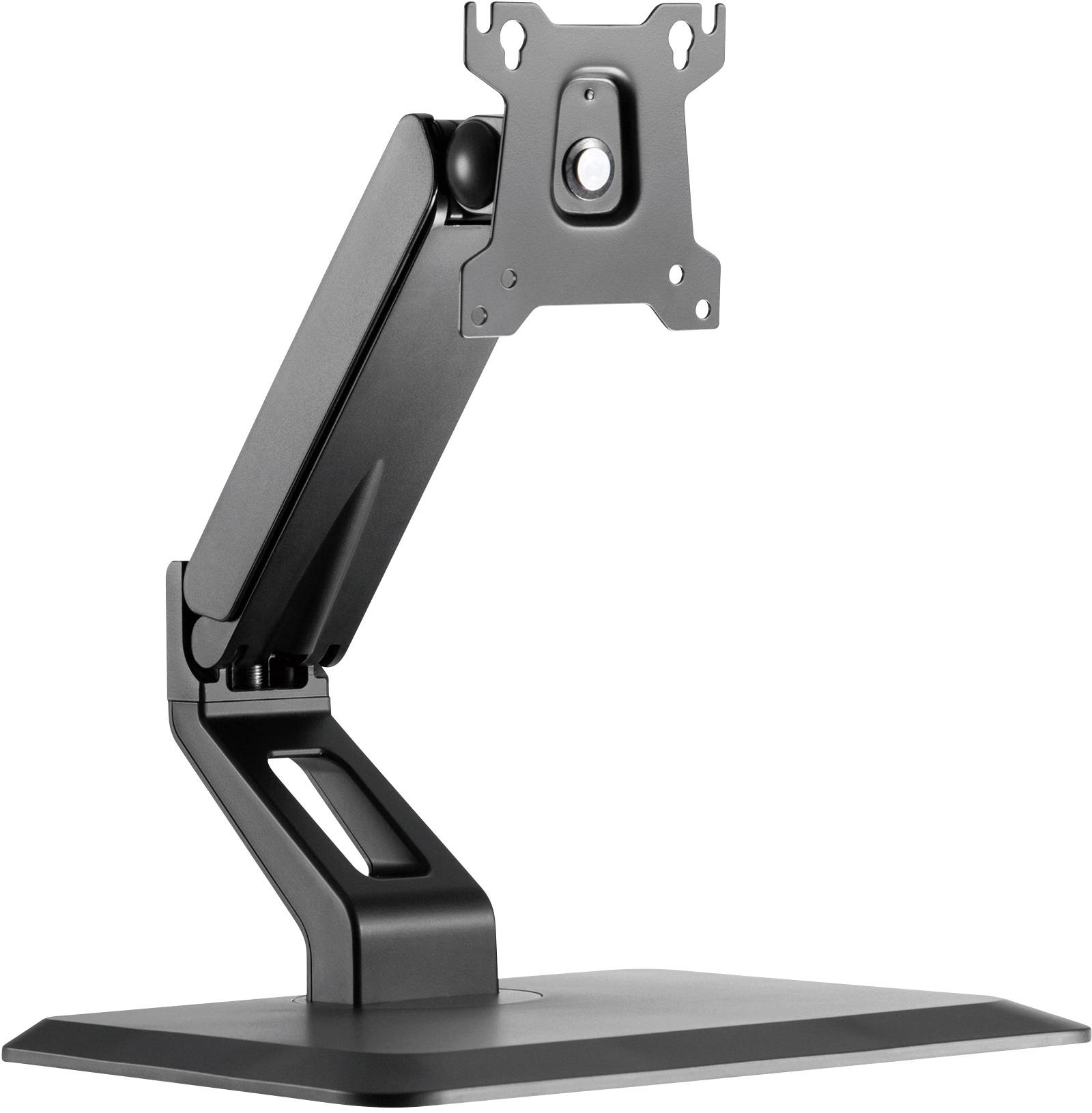 Schwarzer Monitorarm mit Basis und verstellbarem Arm in seitlicher Ansicht. Eignet sich zur Befestigung eines Computermonitors.