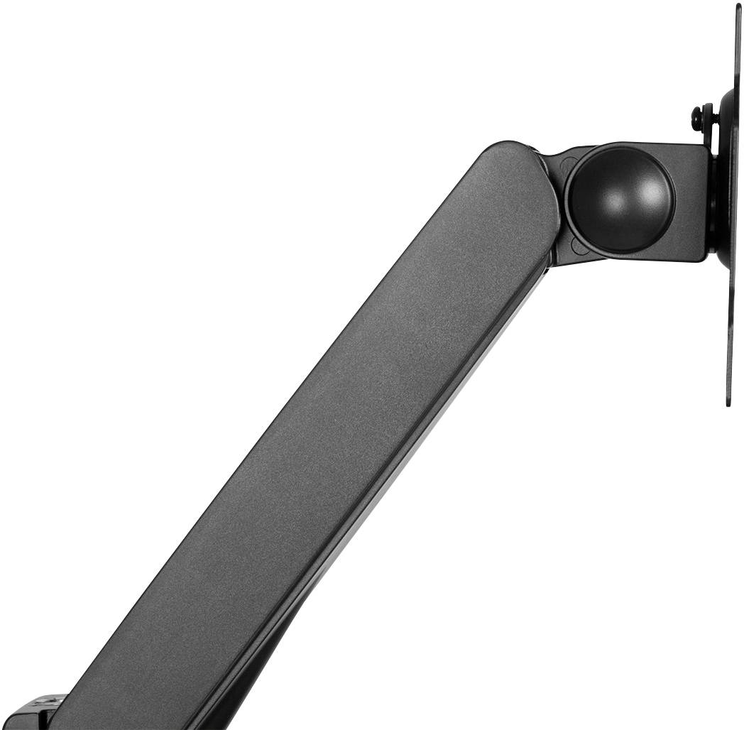 Ein verstellbarer Monitorarm aus Metall, der horizontal nach rechts ragt, befestigt an einer unsichtbaren Basis.