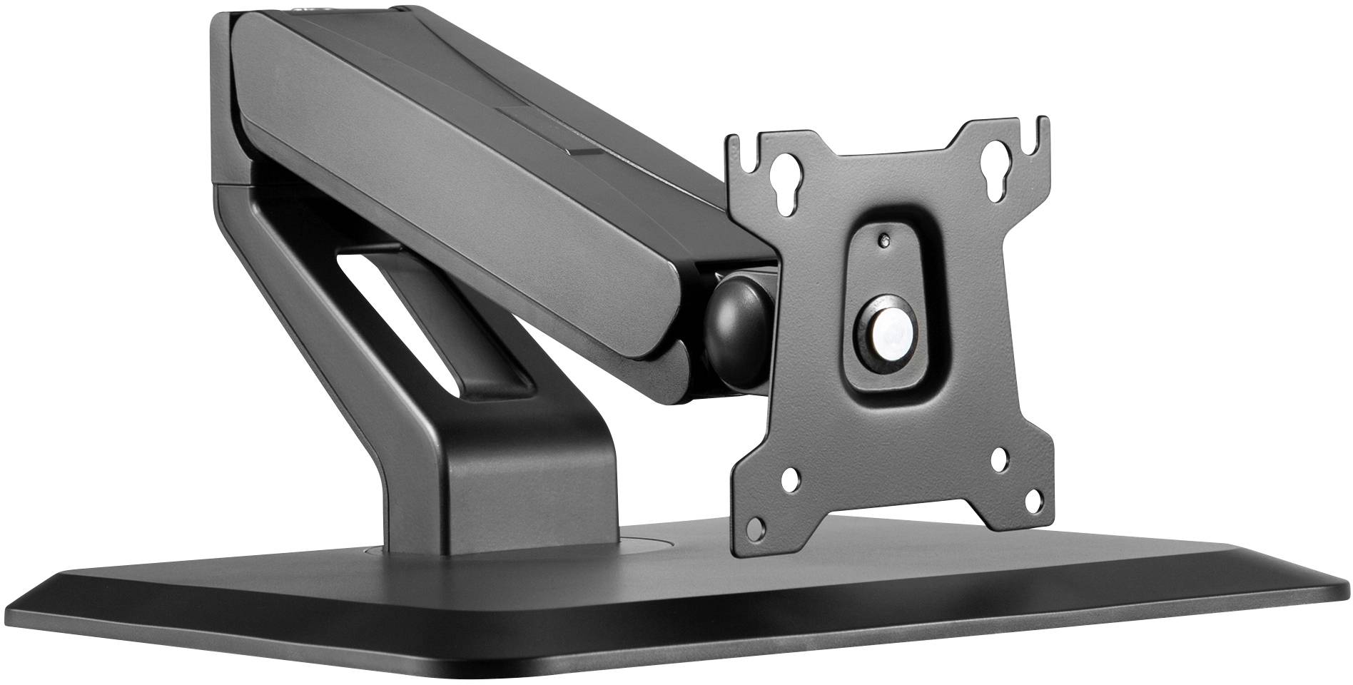 Ein schwarzer Monitorständer mit verstellbarem Arm und standardisierter Halterung. Ideal zur flexiblen Positionierung von Bildschirmen.
