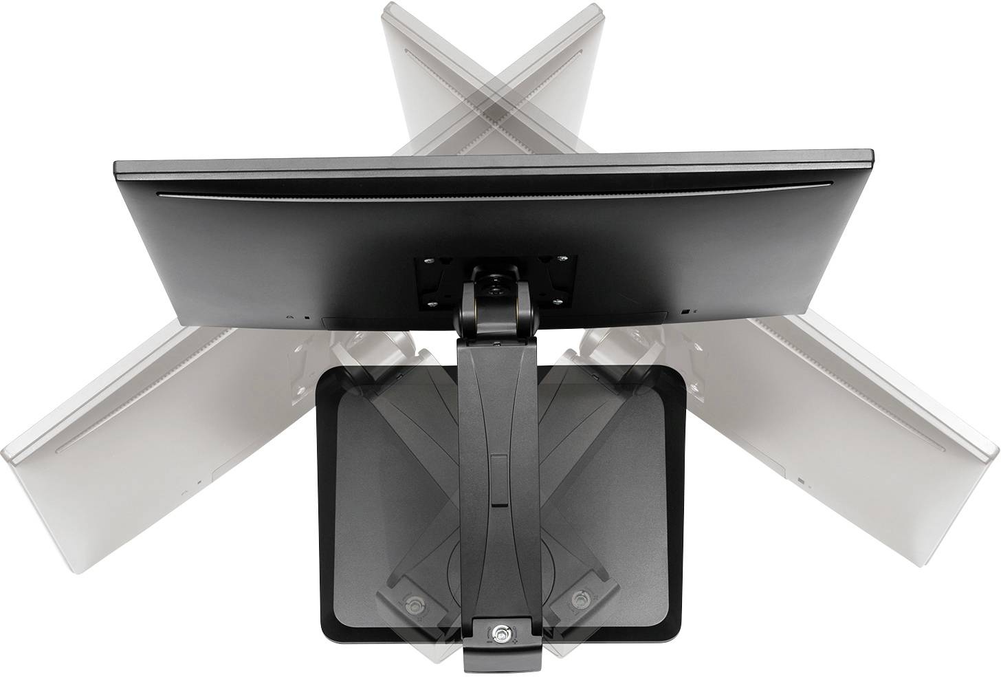 Ein Monitor auf einem beweglichen Standfuß, der in verschiedene Neigungswinkel verstellt werden kann; ideal zur flexiblen Nutzung.