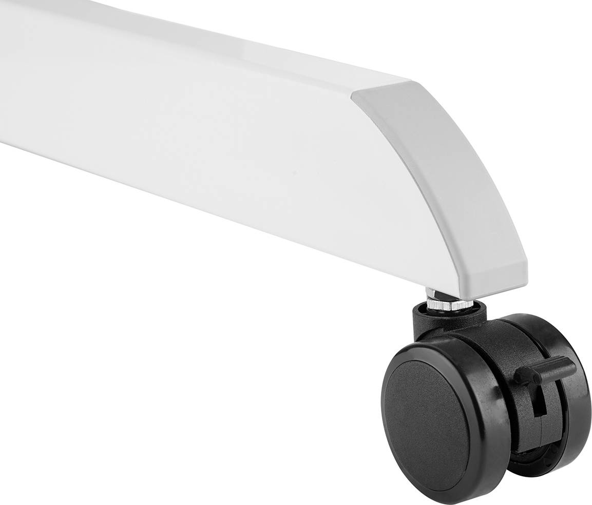 Stuhlfuß mit schwarzer Rolle aus Kunststoff an einem weißen, rechteckigen Gestell, Teil eines Büromöbelstücks.