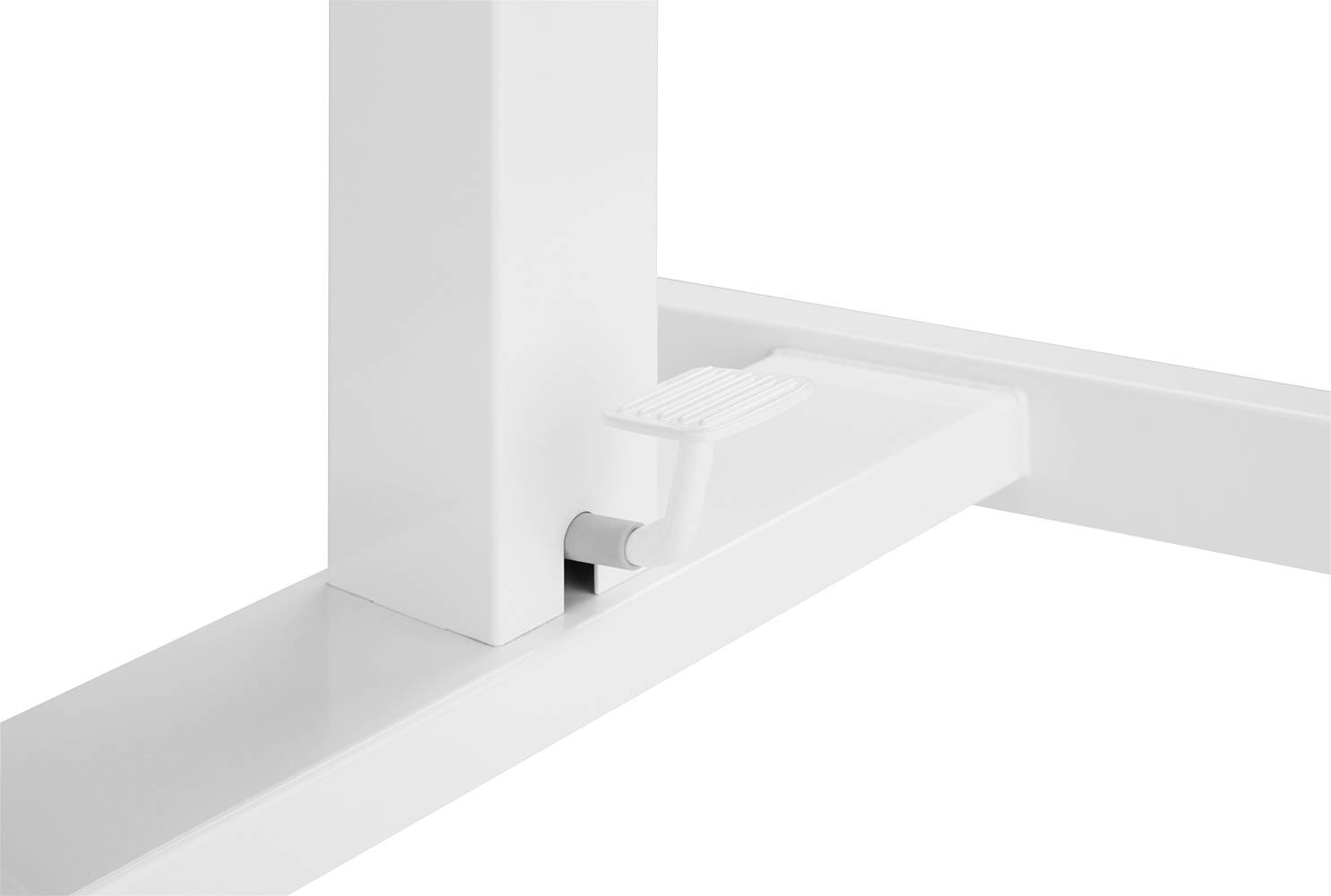 Weiße Metallkonstruktion mit einem pedalartigen Hebel an der Basis.