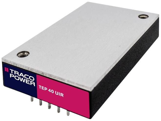 Ein rechteckiges Elektronikmodul mit der Aufschrift 'TRACO POWER TEP 40 UIR' auf der Seite, zeigt das Design und die Anschlüsse.