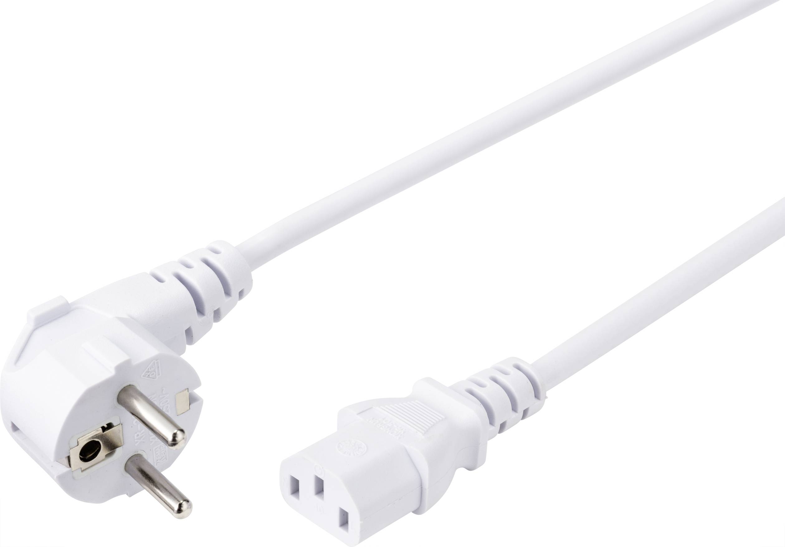 Weißes Netzkabel mit einem Schukostecker links und einem dreipoligen IEC-Stecker rechts.