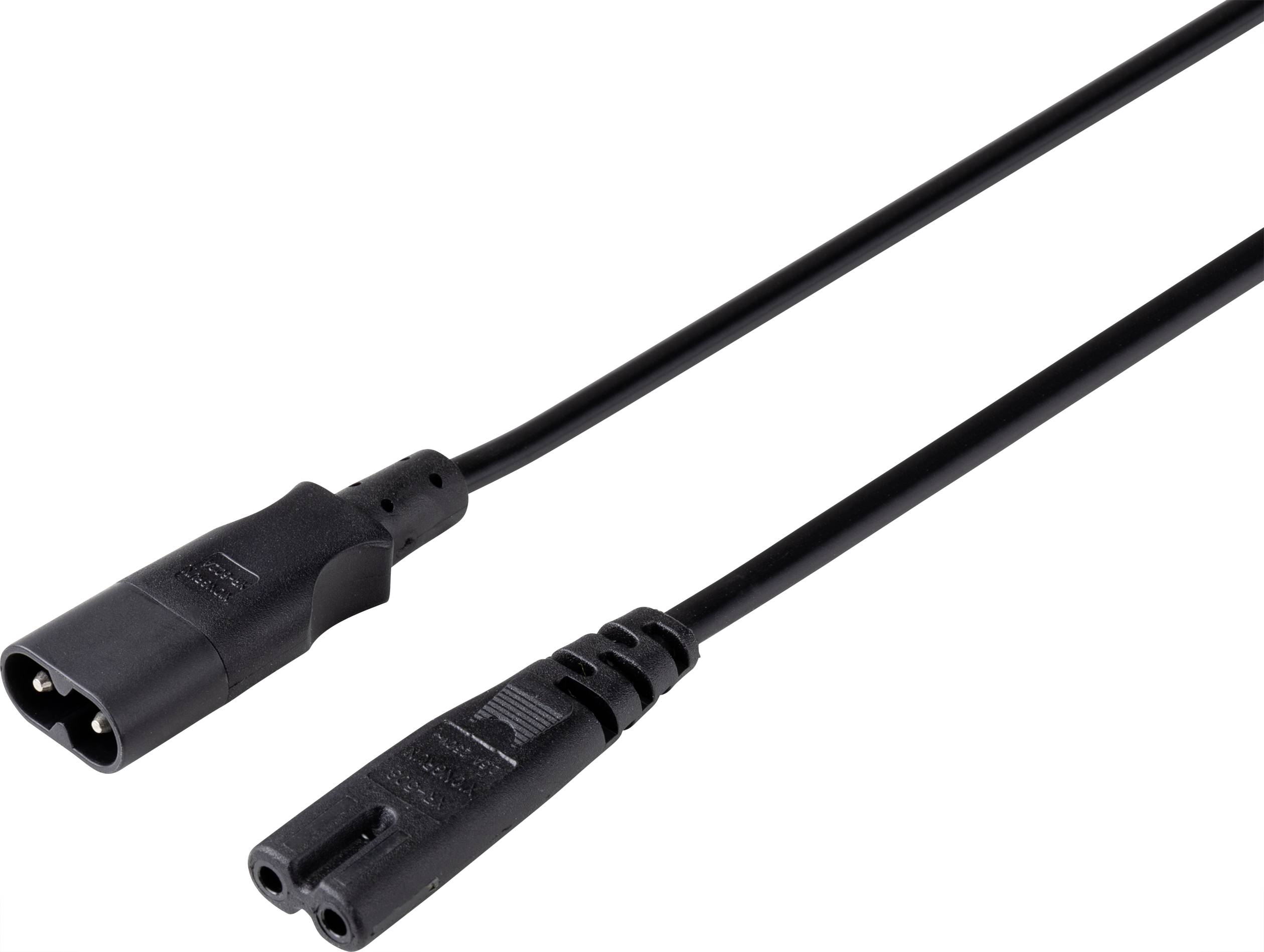 Schwarzes Netzkabel mit zwei Stiften auf der einen Seite und einem zweipoligen Anschluss auf der anderen Seite.