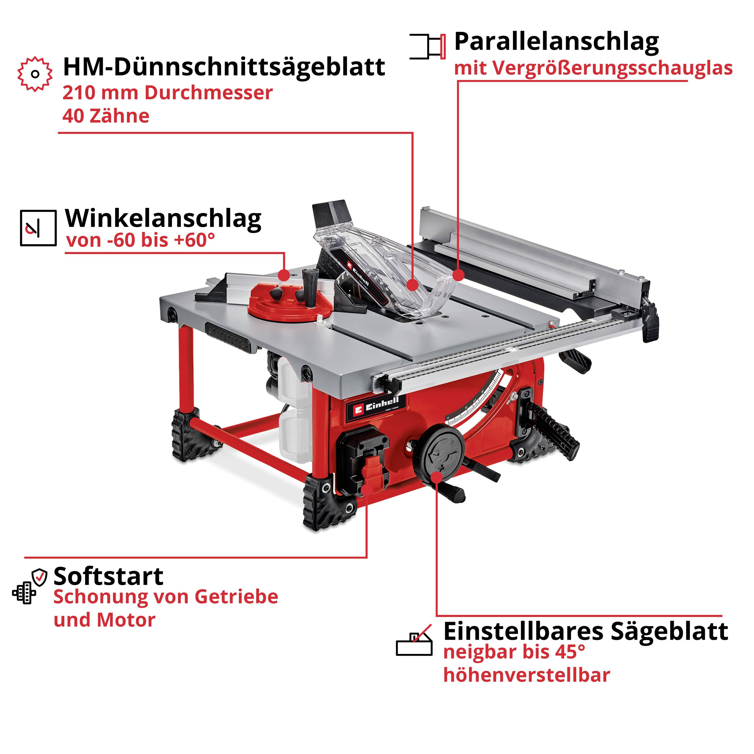 Tischkreissäge mit HM-Dünnschnittsägeblatt, Parallelanschlag, Winkelanschlag, Softstart und einstellbarem Sägeblatt bis 45°.