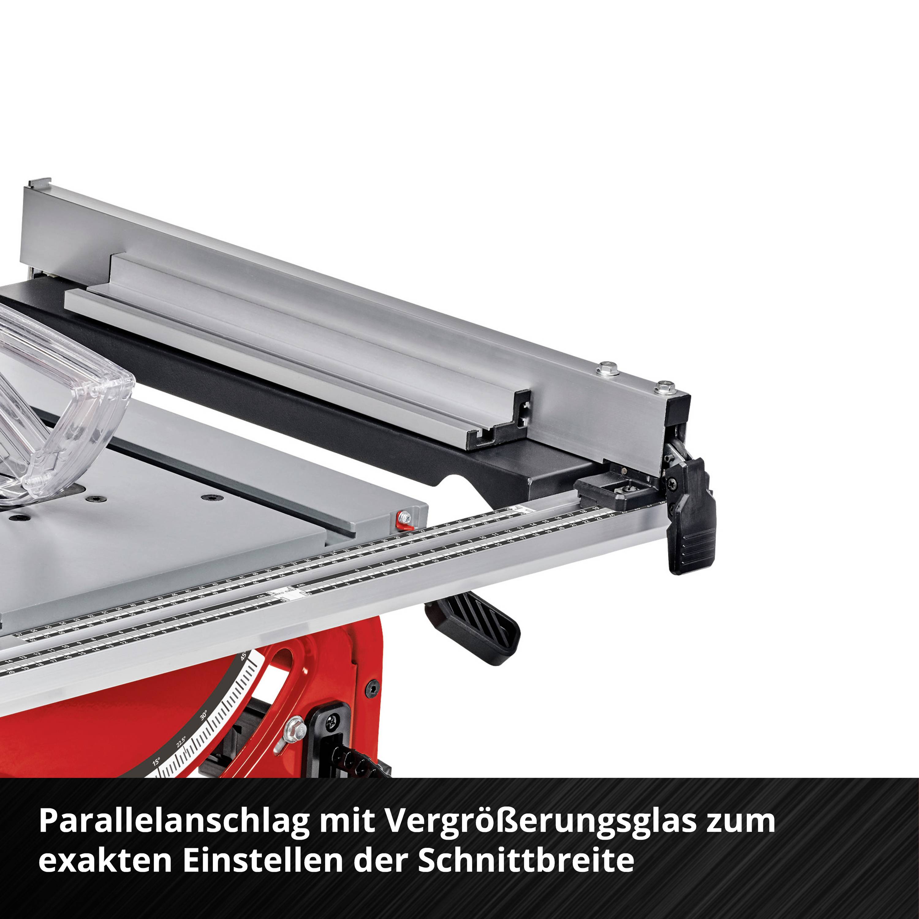Parallelanschlag mit Vergrößerungsglas zur exakten Einstellung der Schnittbreite bei einer Tischkreissäge.