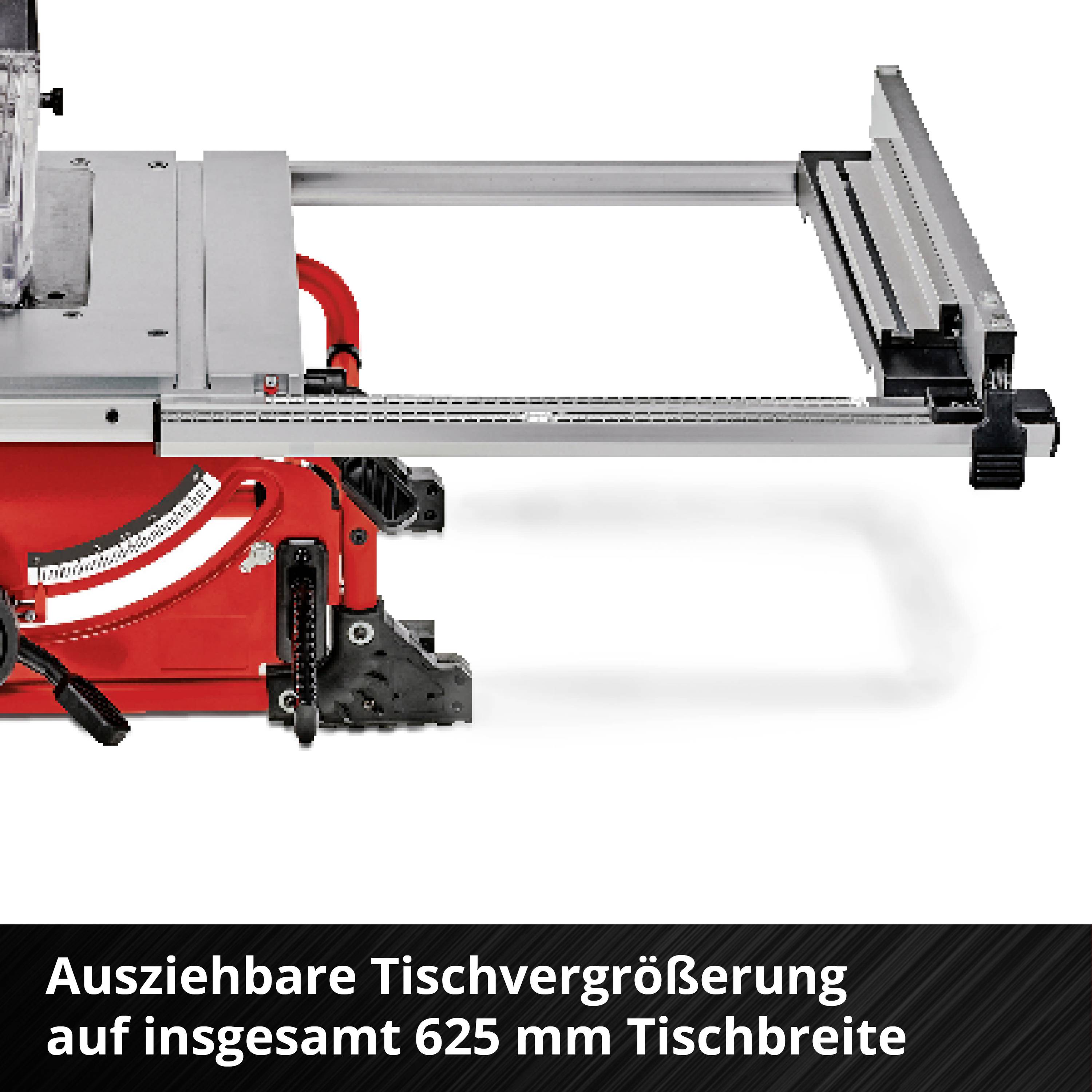 Eine rote Tischkreissäge mit verstellbarer Tischbreite für größere Werkstücke. Text am unteren Rand: 'Ausziehbare Tischvergrößerung auf insgesamt 625 mm Tischbreite'.