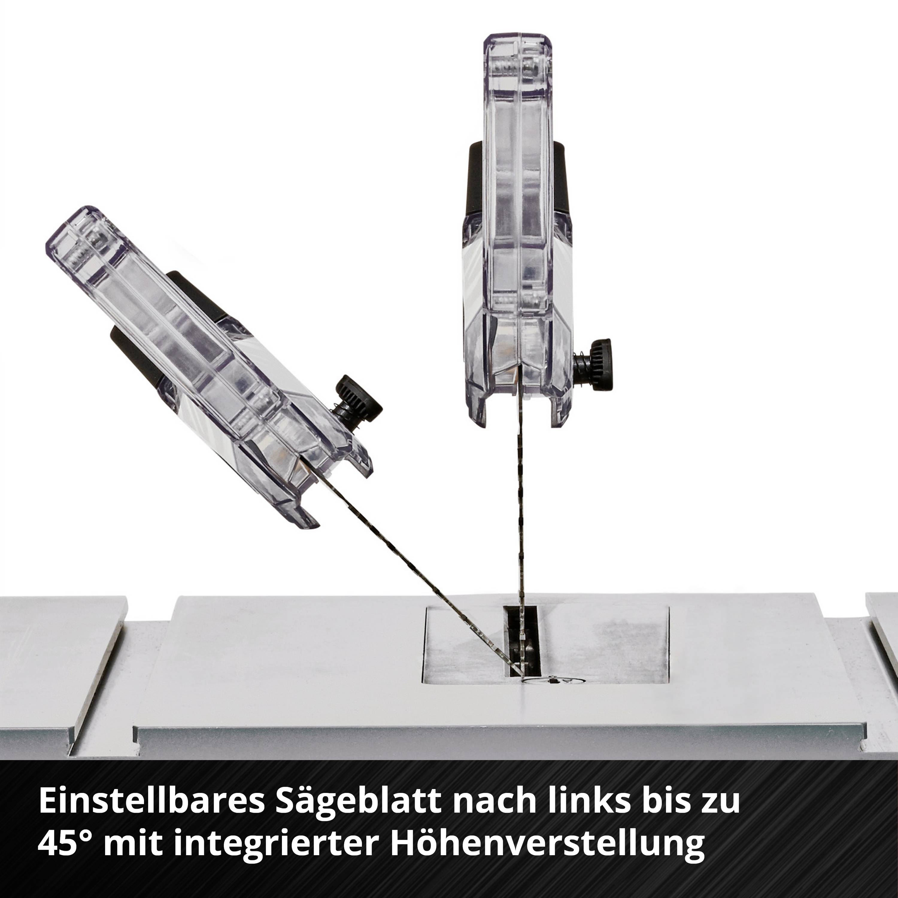 Einstellbares Sägeblatt nach links bis zu 45° mit integrierter Höhenverstellung.