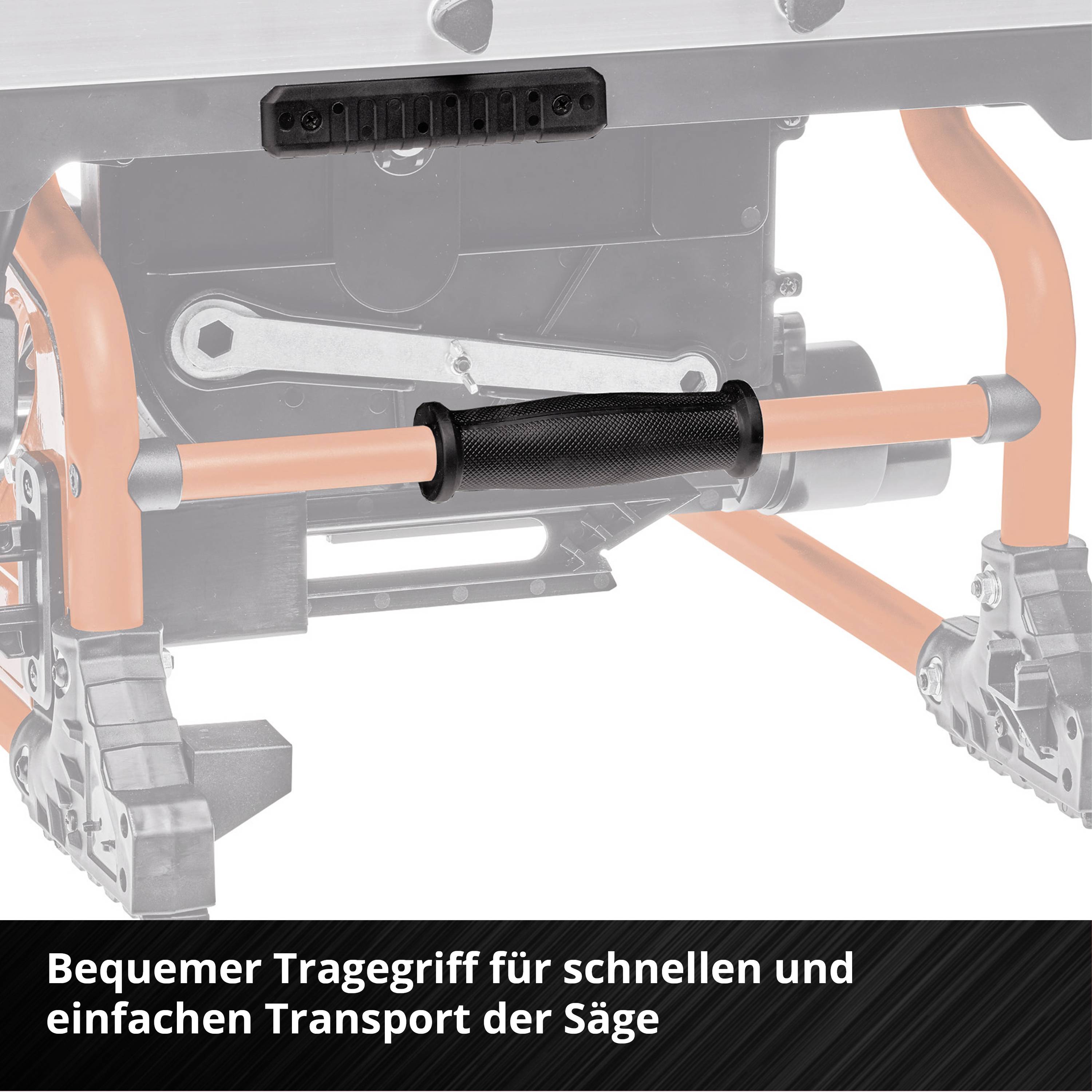 Tragegriff einer Säge, hervorgehoben zur Betonung. Text darunter: 'Bequemer Tragegriff für schnellen und einfachen Transport der Säge'.