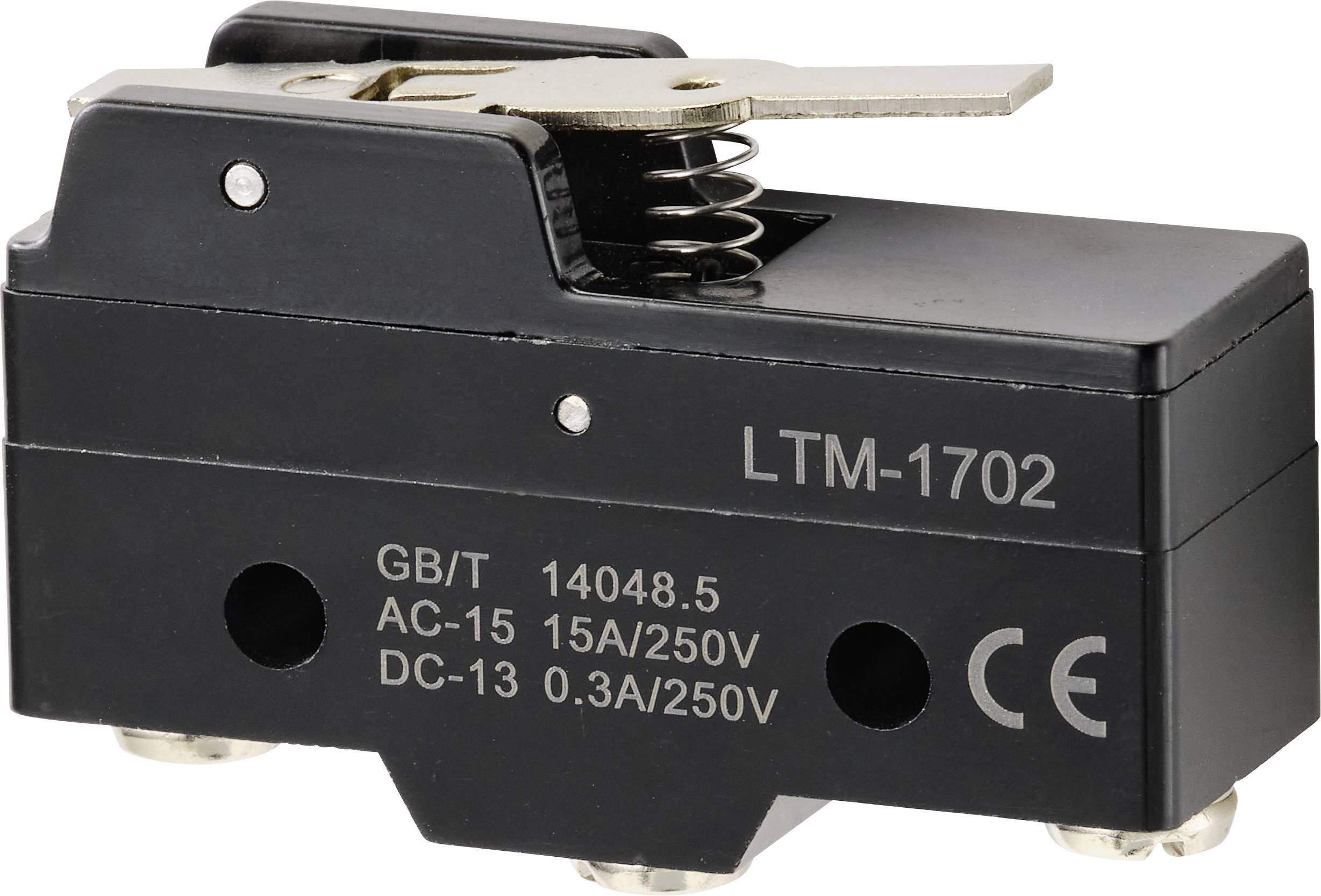 Ein schwarzer Mikroschalter mit Metallhebel und Kennzeichnung 'LTM-1702'. Er ist für AC-15 15A/250V und DC-13 0,3A/250V ausgelegt.